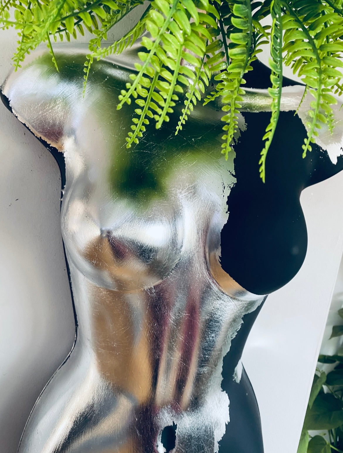 Female Wall Torso Boobie Artificial Plant Holder Warrior design with matt black and silver leaf
