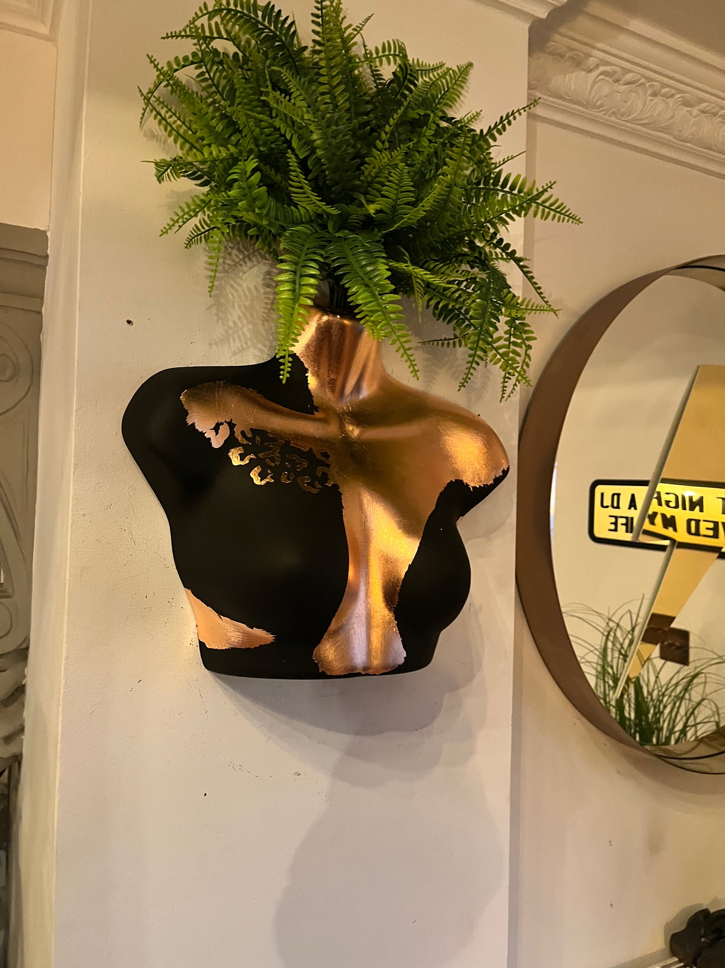 Female Wall Torso Boobie Artificial Plant Holder Black and Copper warrior with Copper leopard