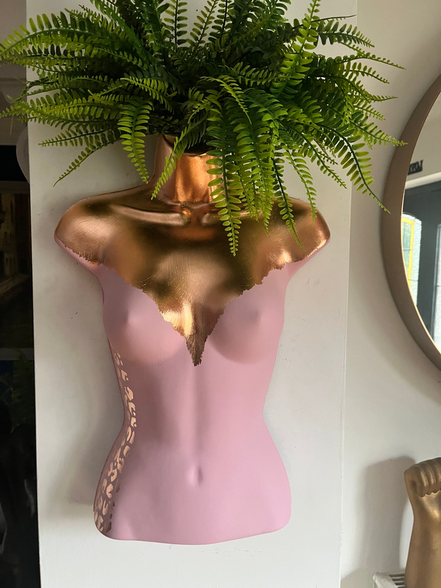 Female Boobie Wall Torso Boobie Artificial Plant Holder Pink and Rose Gold with Rose Gold Leopard
