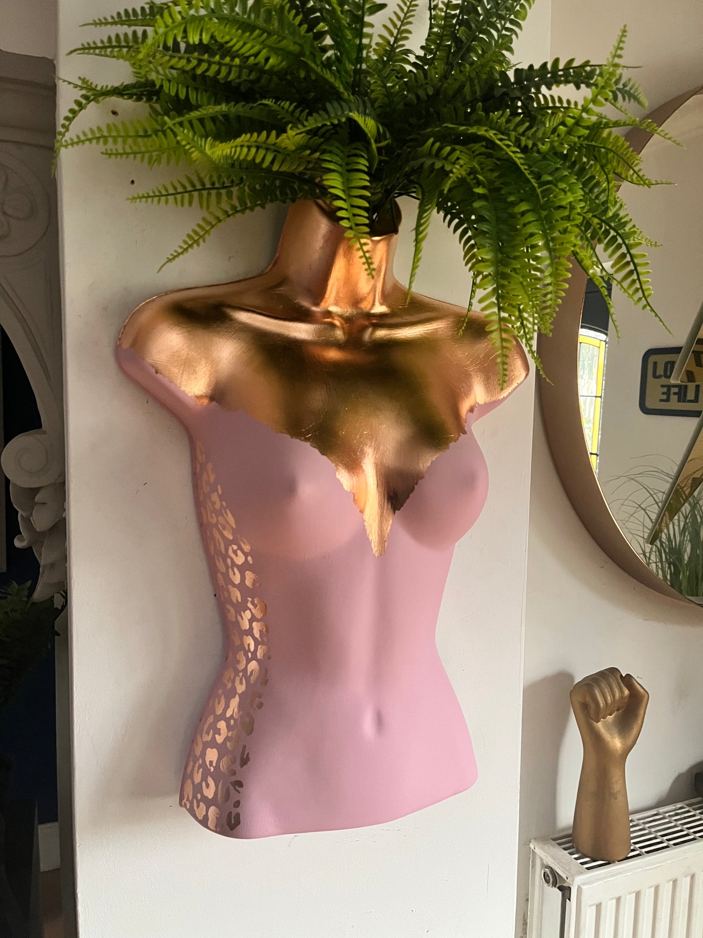 Female Boobie Wall Torso Boobie Artificial Plant Holder Pink and Rose Gold with Rose Gold Leopard