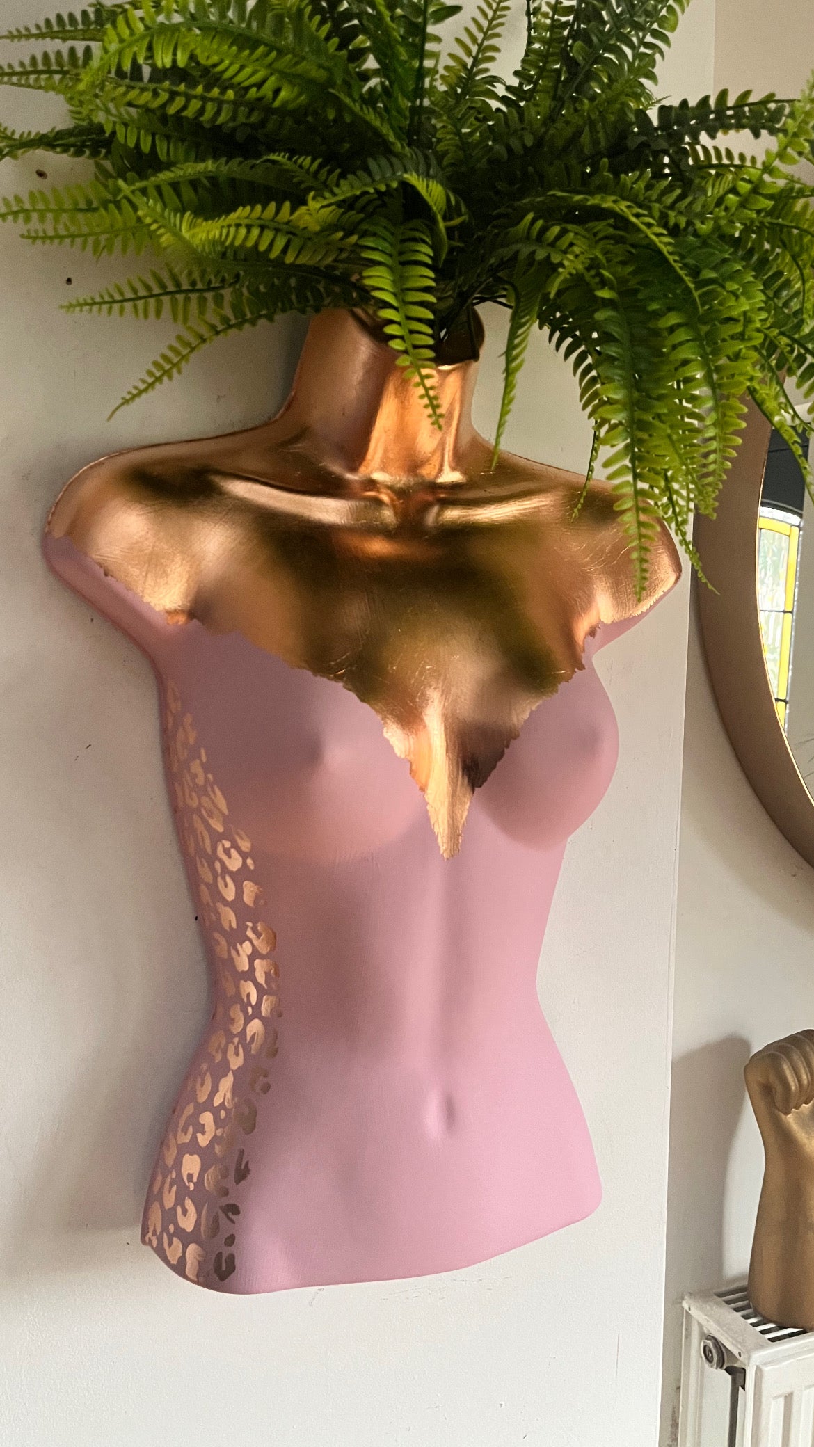 Female Boobie Wall Torso Boobie Artificial Plant Holder Pink and Rose Gold with Rose Gold Leopard