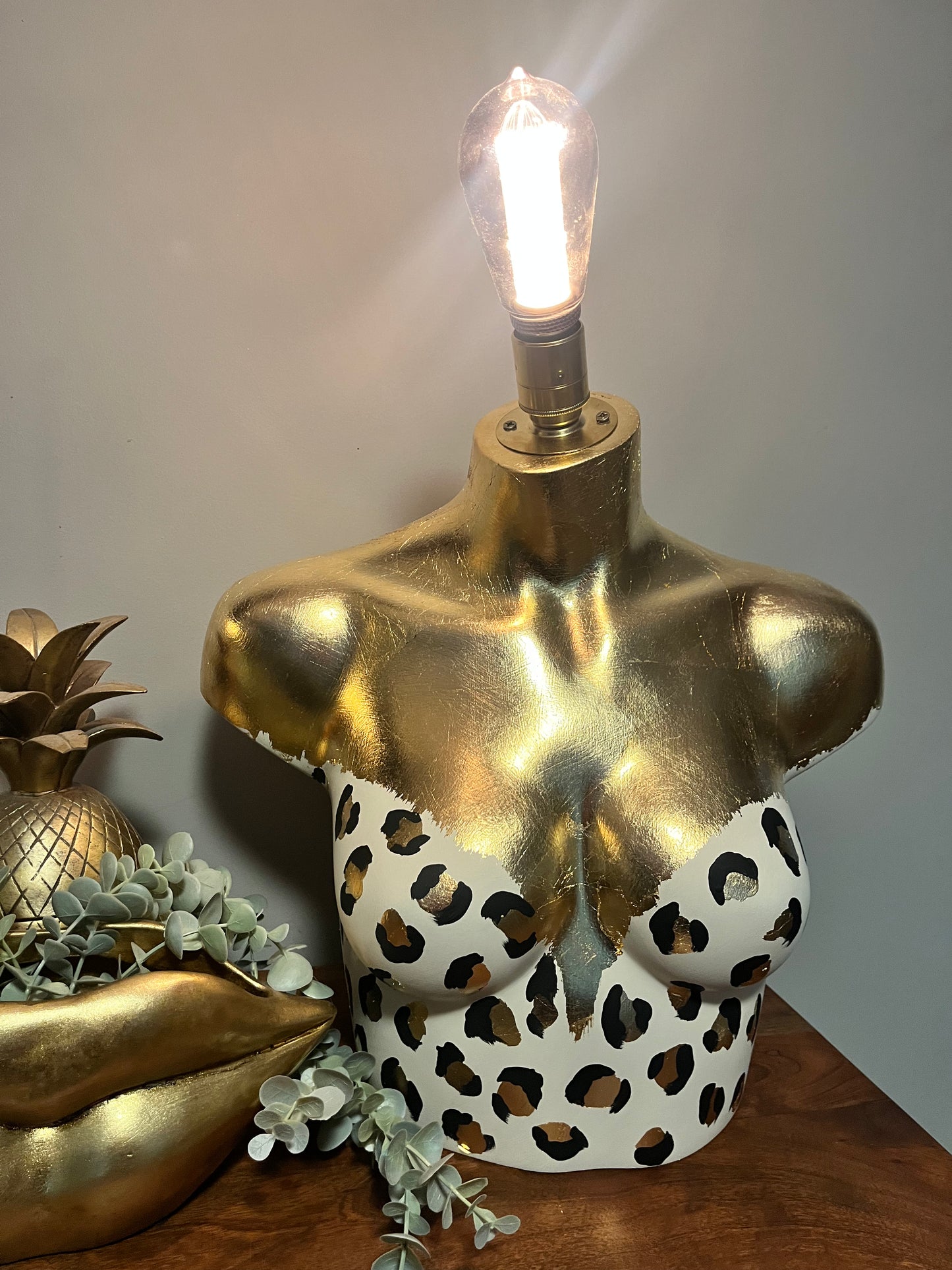 Bust Mannequin Lamp - Cream with Black & Gold Leaf Leopard Print