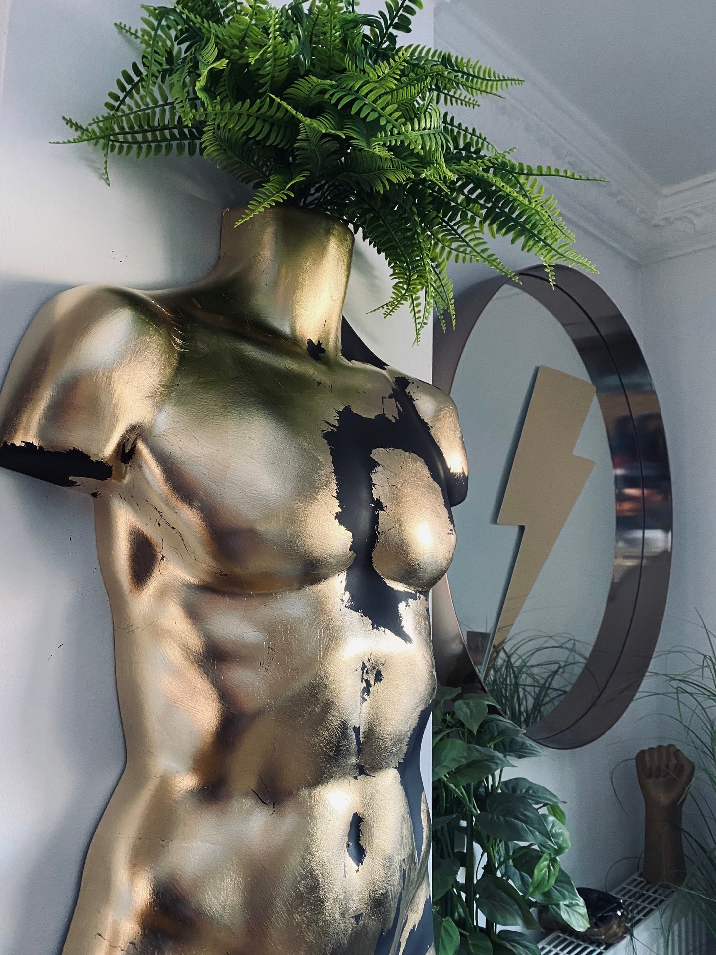 Male Wall Torso Boobie Artificial Plant Holder Warrior design with matt black and gold leaf