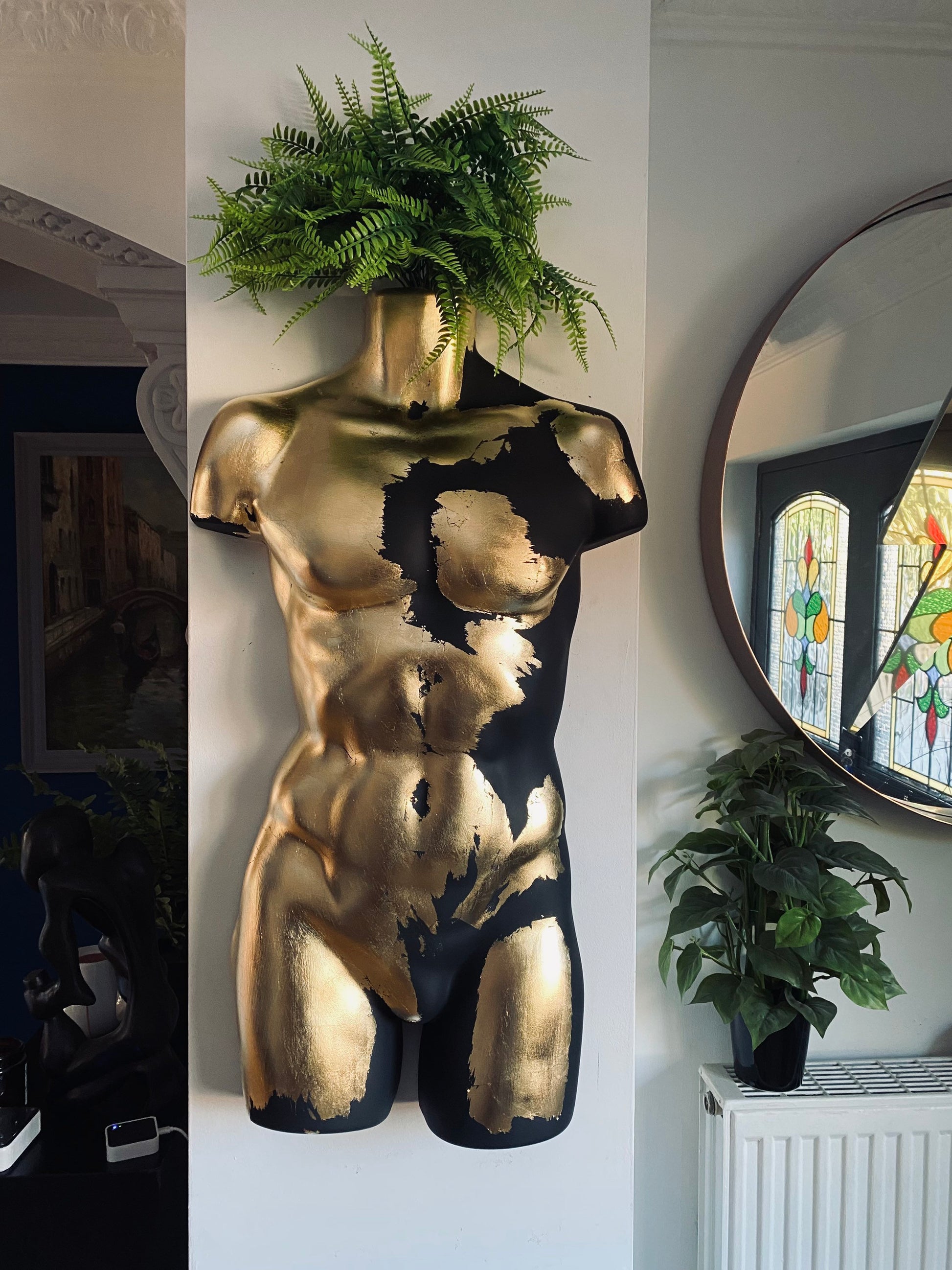 Male Wall Torso Boobie Artificial Plant Holder Warrior design with matt black and gold leaf