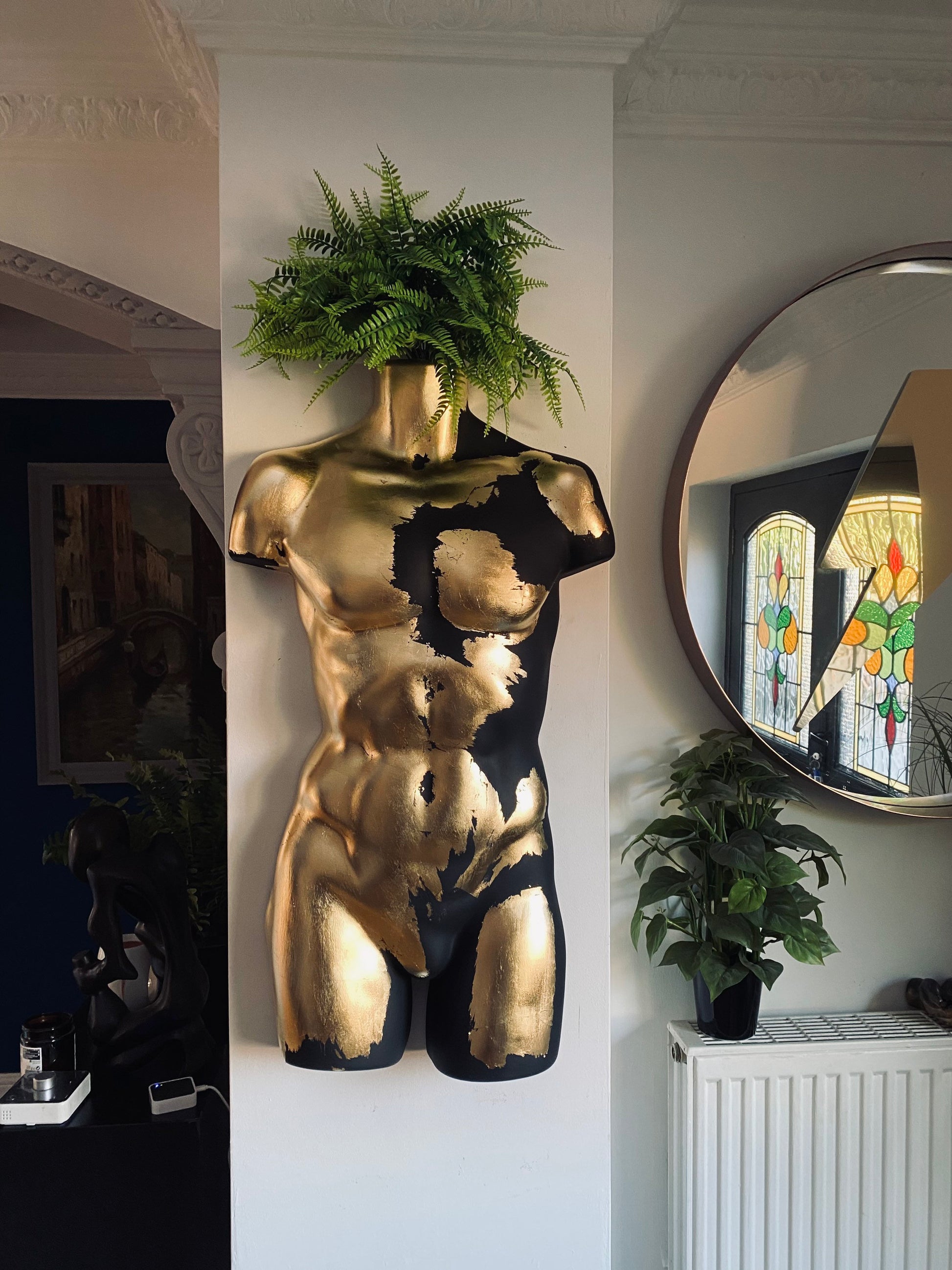 Male Wall Torso Boobie Artificial Plant Holder Warrior design with matt black and gold leaf