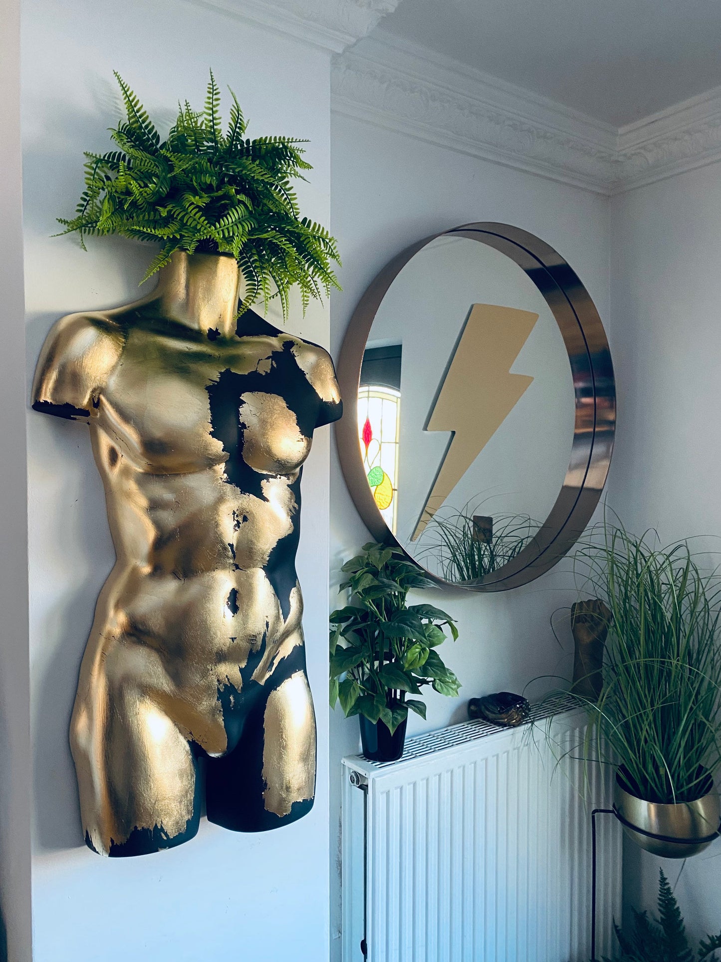 Male Wall Torso Boobie Artificial Plant Holder Warrior design with matt black and gold leaf