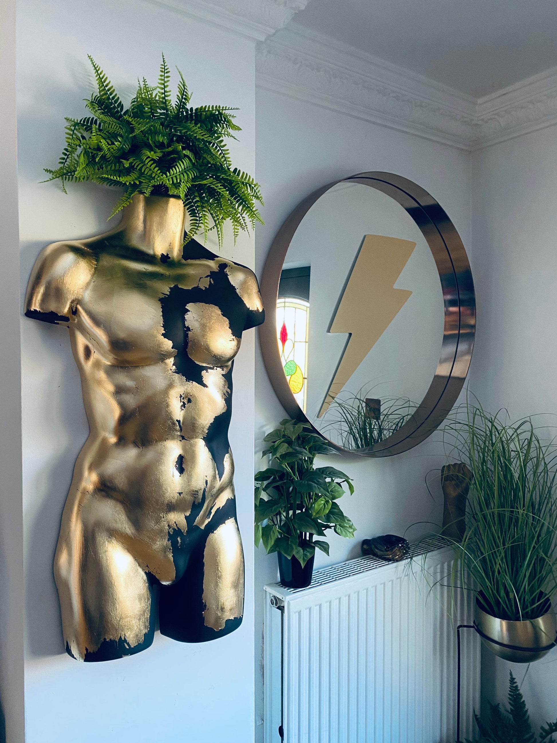 Male Wall Torso Boobie Artificial Plant Holder Warrior design with matt black and gold leaf