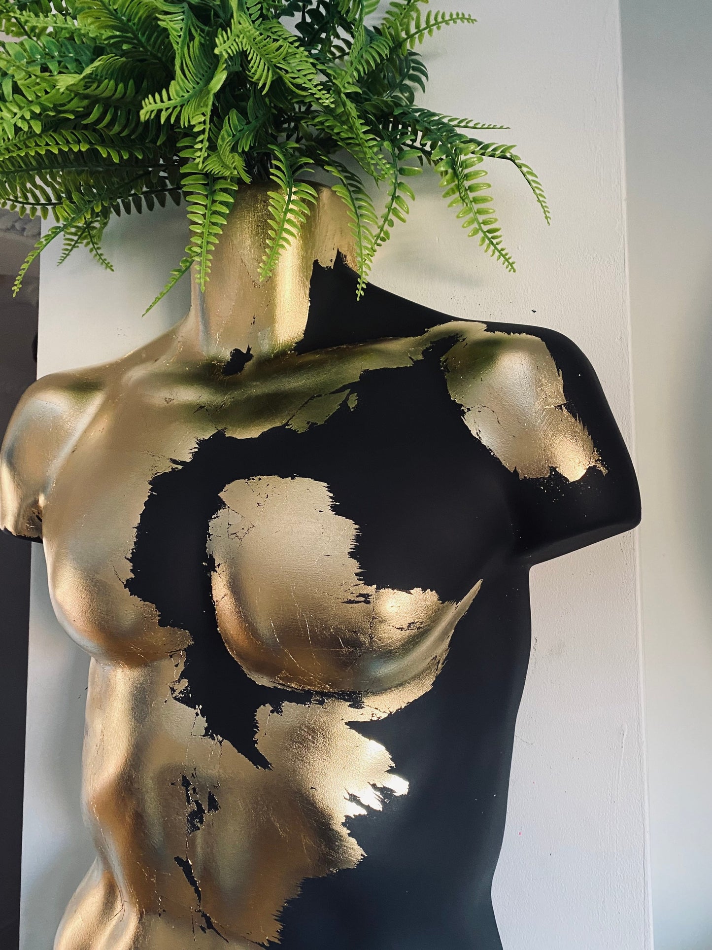 Male Wall Torso Boobie Artificial Plant Holder Warrior design with matt black and gold leaf