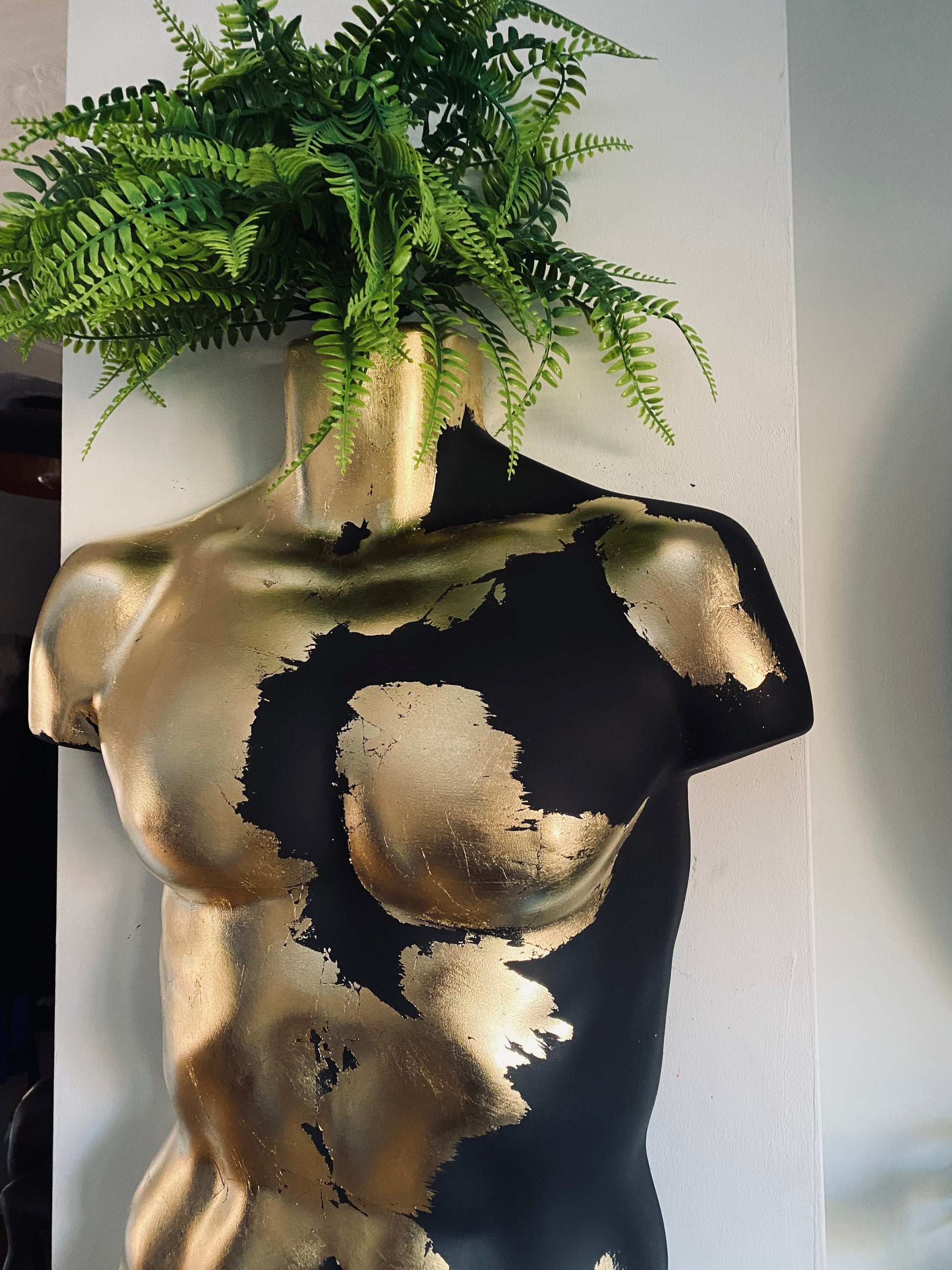 Male Wall Torso Boobie Artificial Plant Holder Warrior design with matt black and gold leaf