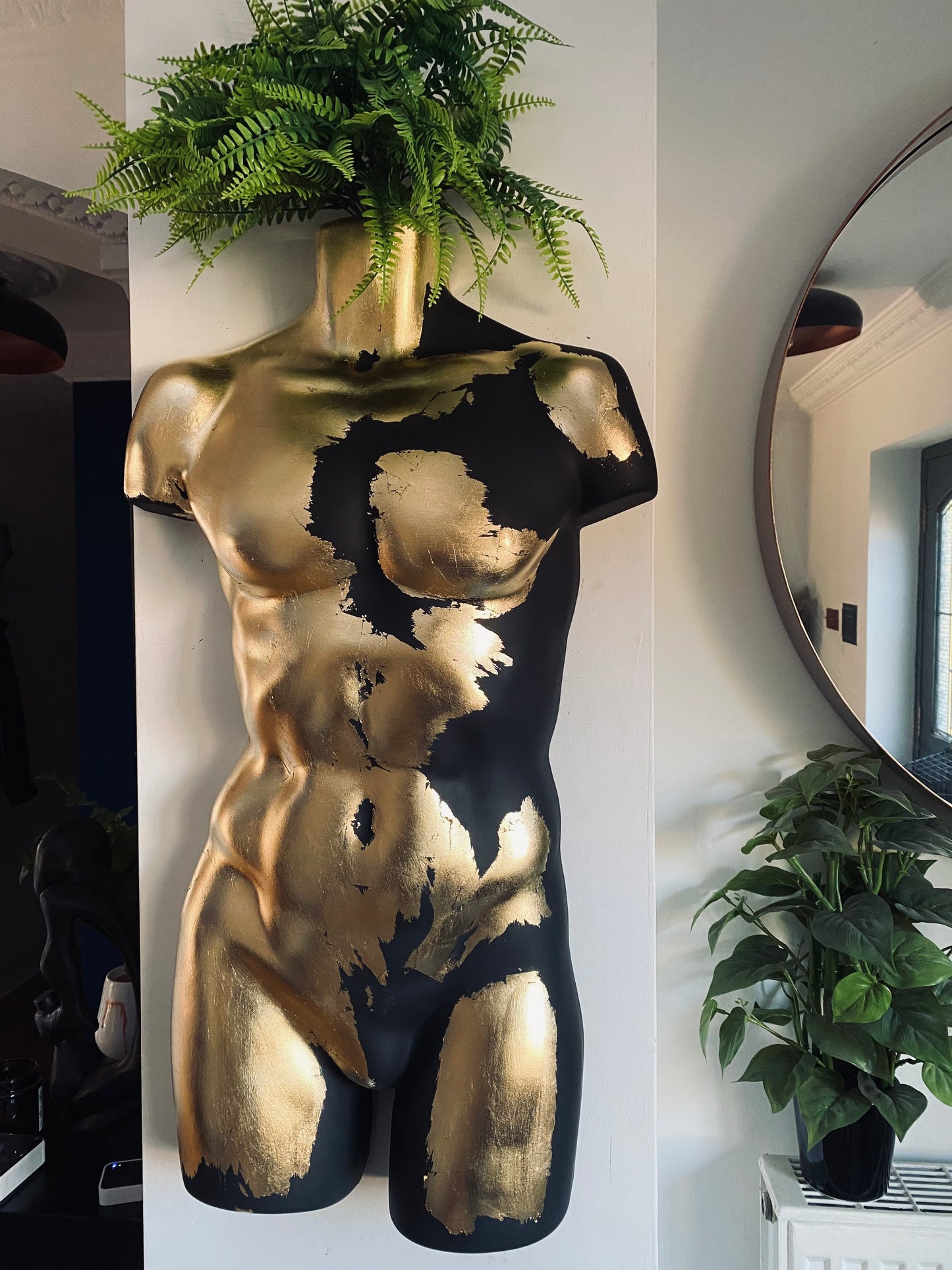 Male Wall Torso Boobie Artificial Plant Holder Warrior design with matt black and gold leaf