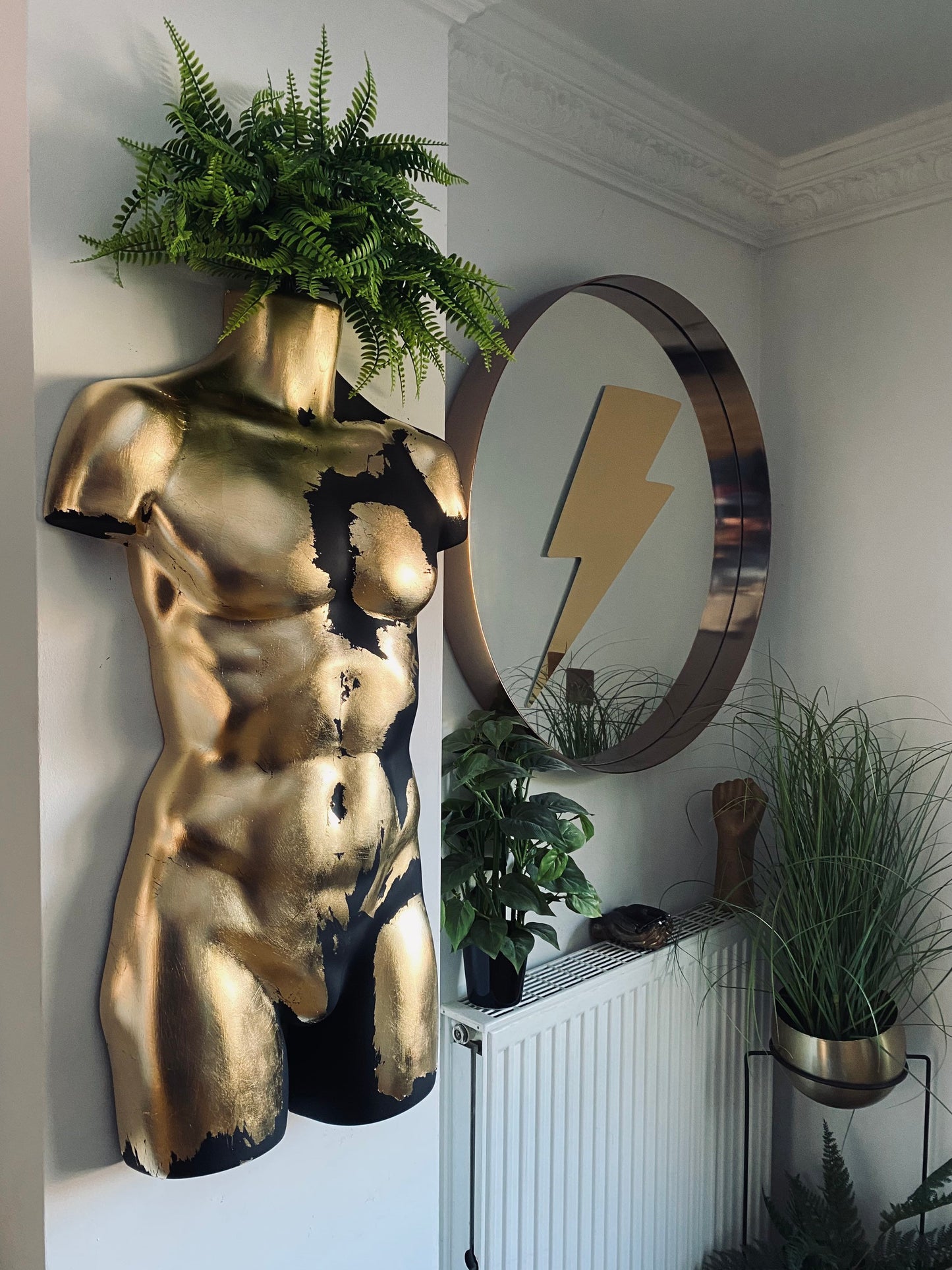 Male Wall Torso Boobie Artificial Plant Holder Warrior design with matt black and gold leaf