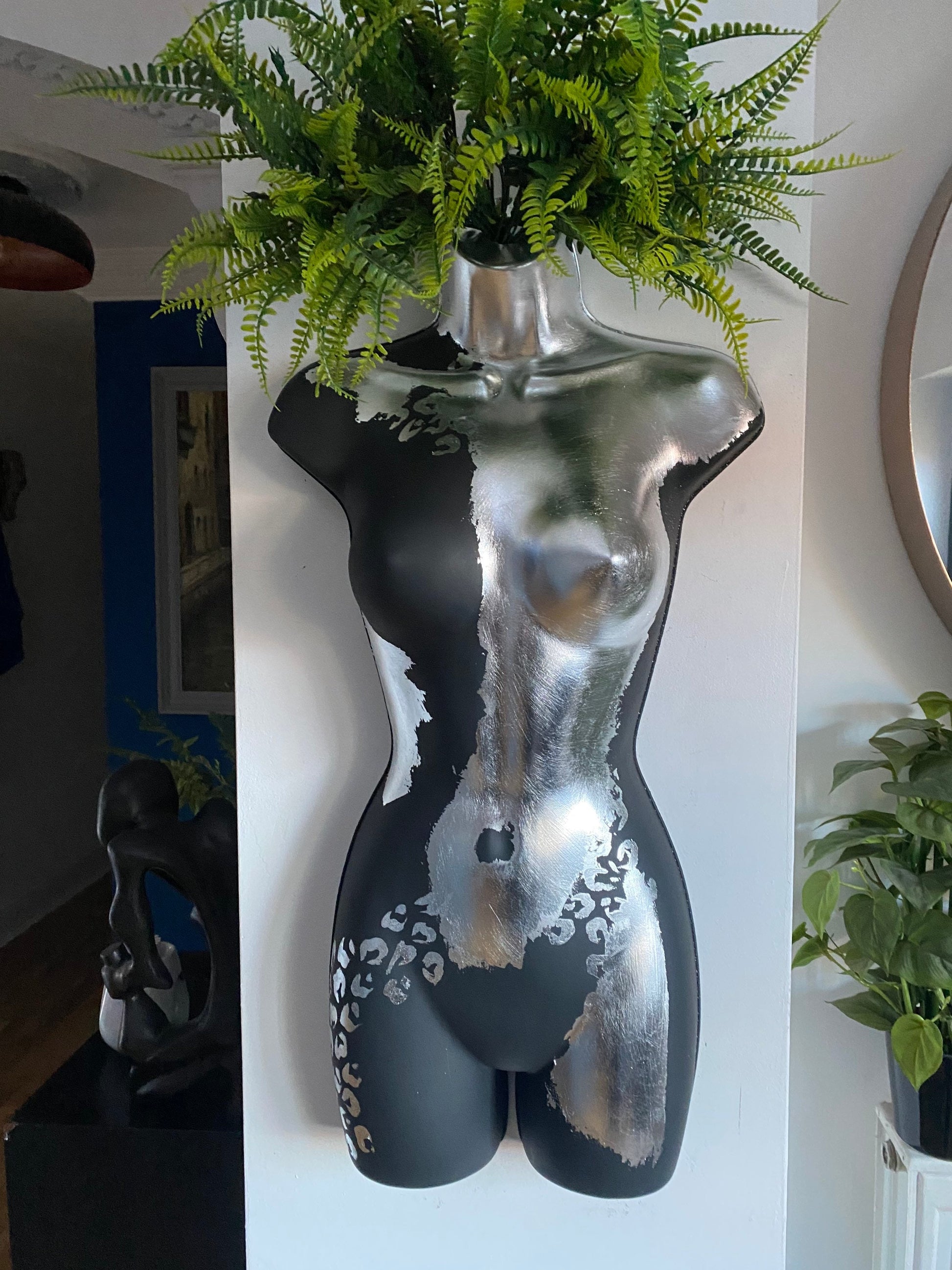 Female Wall Torso Boobie Artificial Plant Holder Warrior design with matt dark greyand silver leaf with Silver Leopard