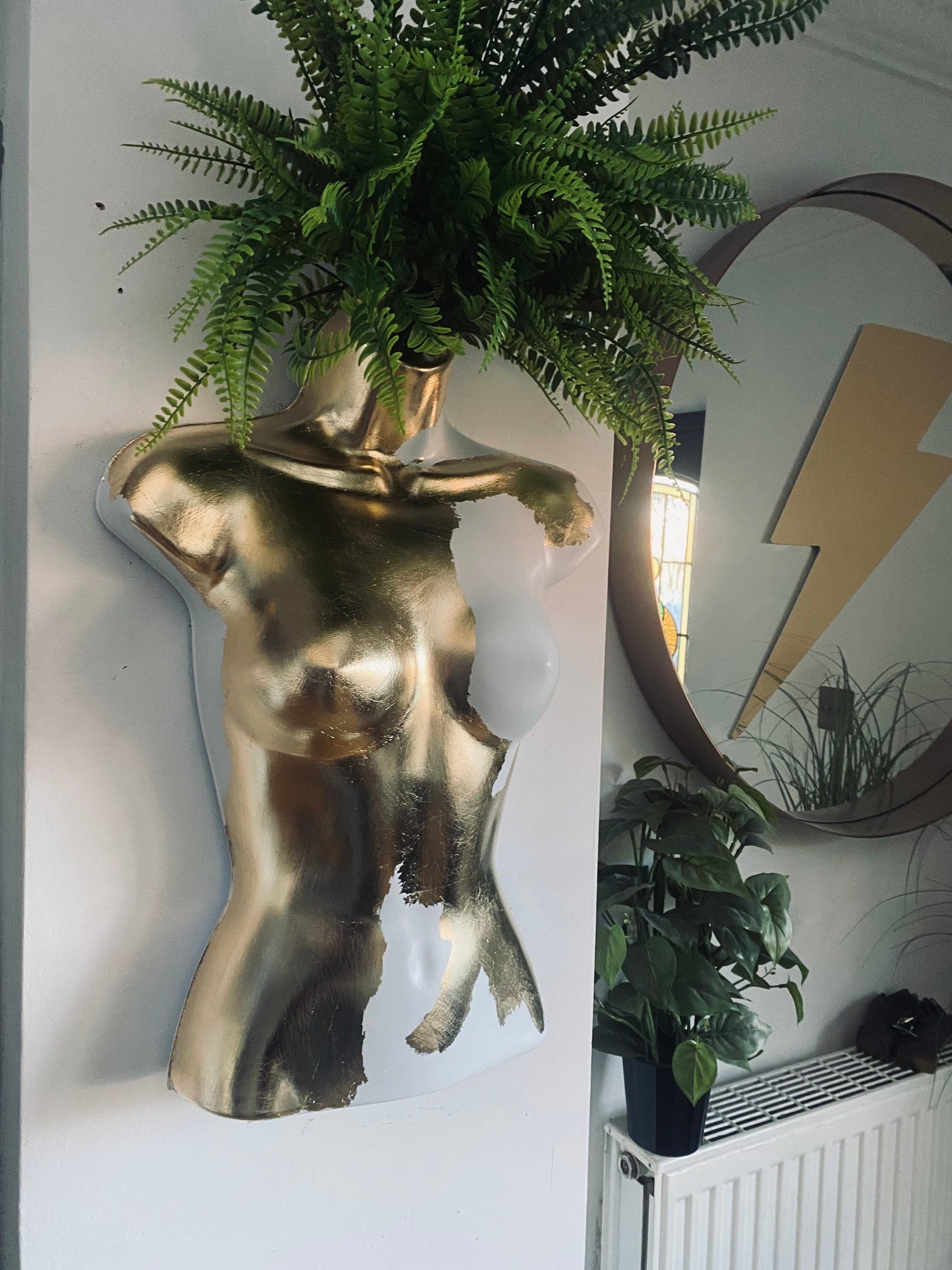 Female Boobie  Wall Torso Boobie Artificial Plant Holder White & Gold Leaf