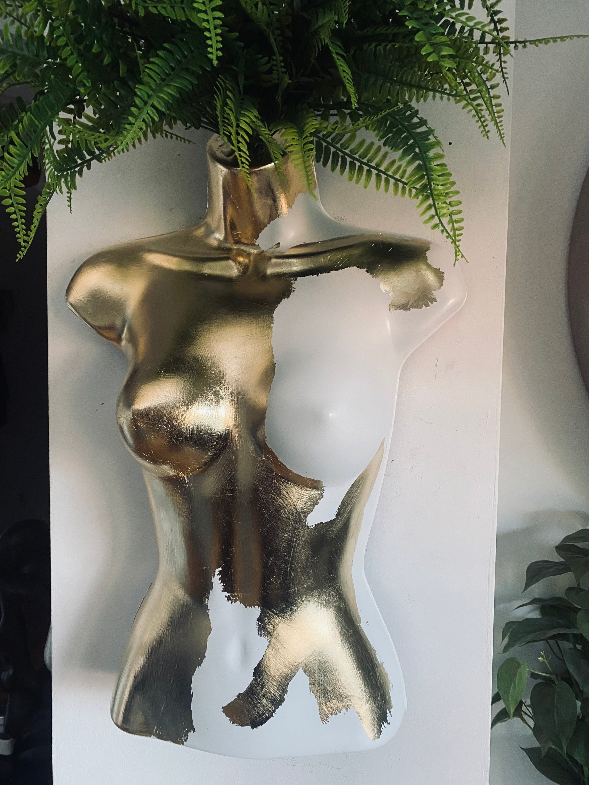 Female Boobie  Wall Torso Boobie Artificial Plant Holder White & Gold Leaf