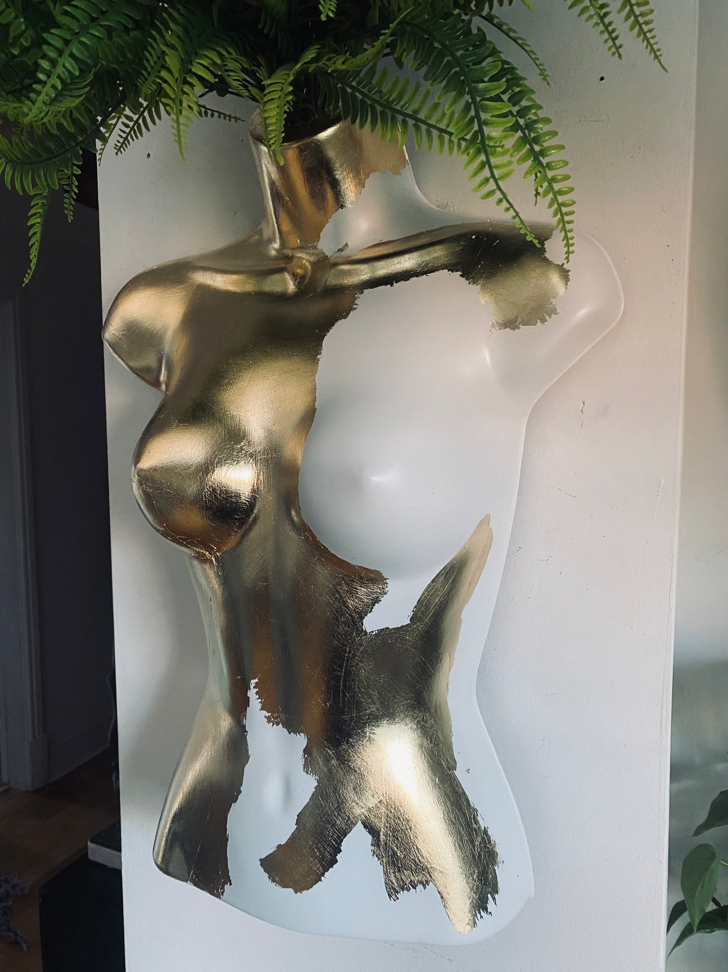 Female Boobie  Wall Torso Boobie Artificial Plant Holder White & Gold Leaf