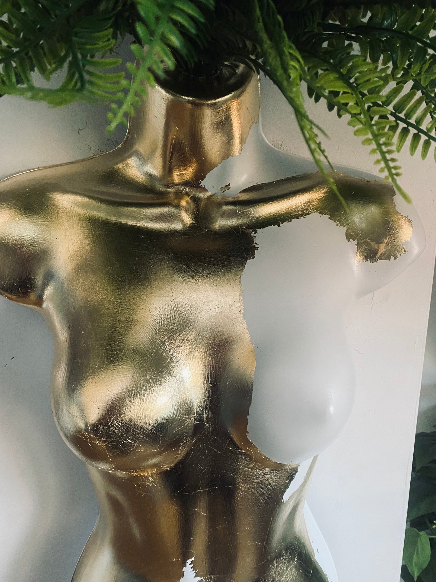 Female Boobie  Wall Torso Boobie Artificial Plant Holder White & Gold Leaf