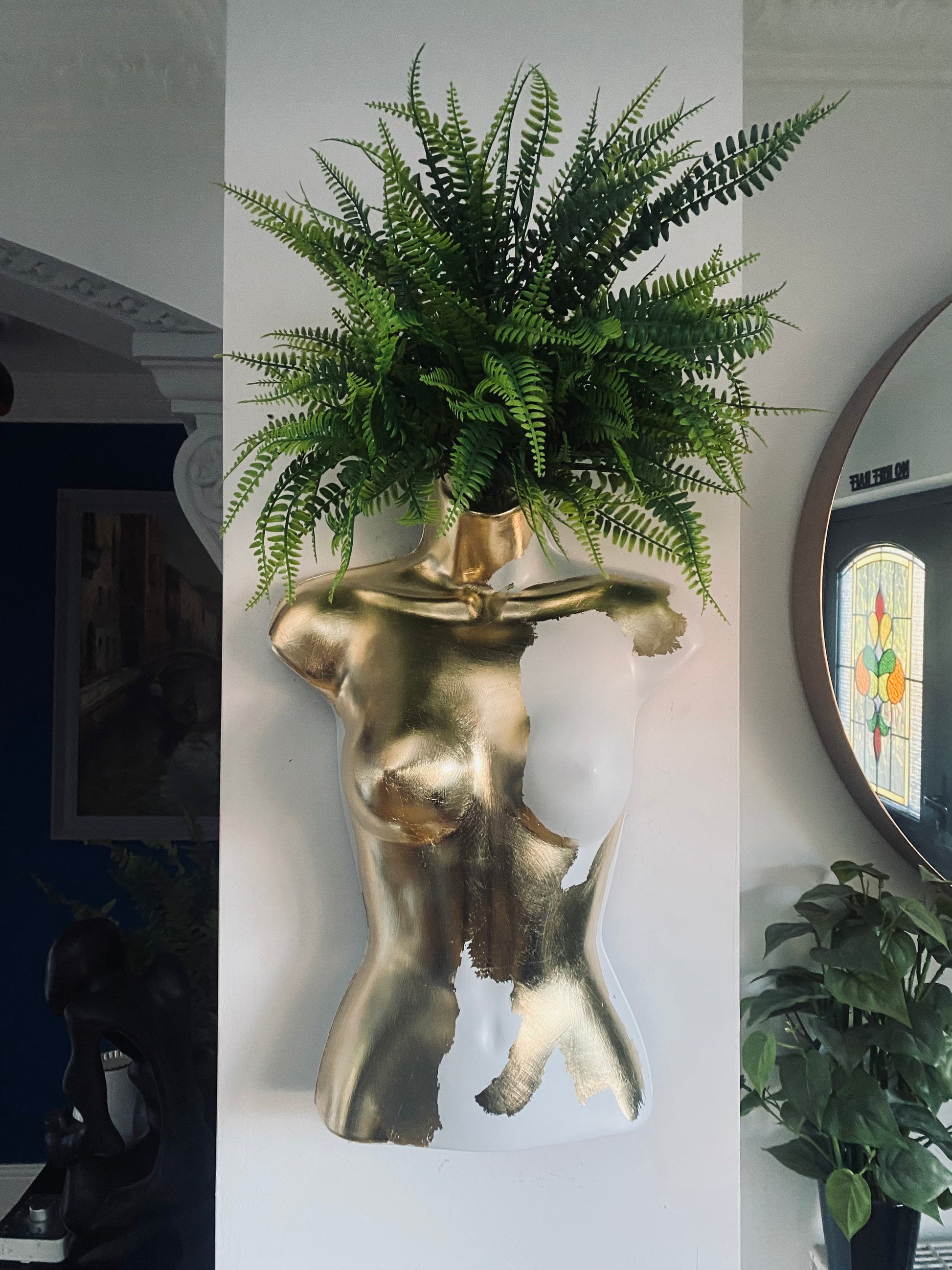 Female Boobie  Wall Torso Boobie Artificial Plant Holder White & Gold Leaf