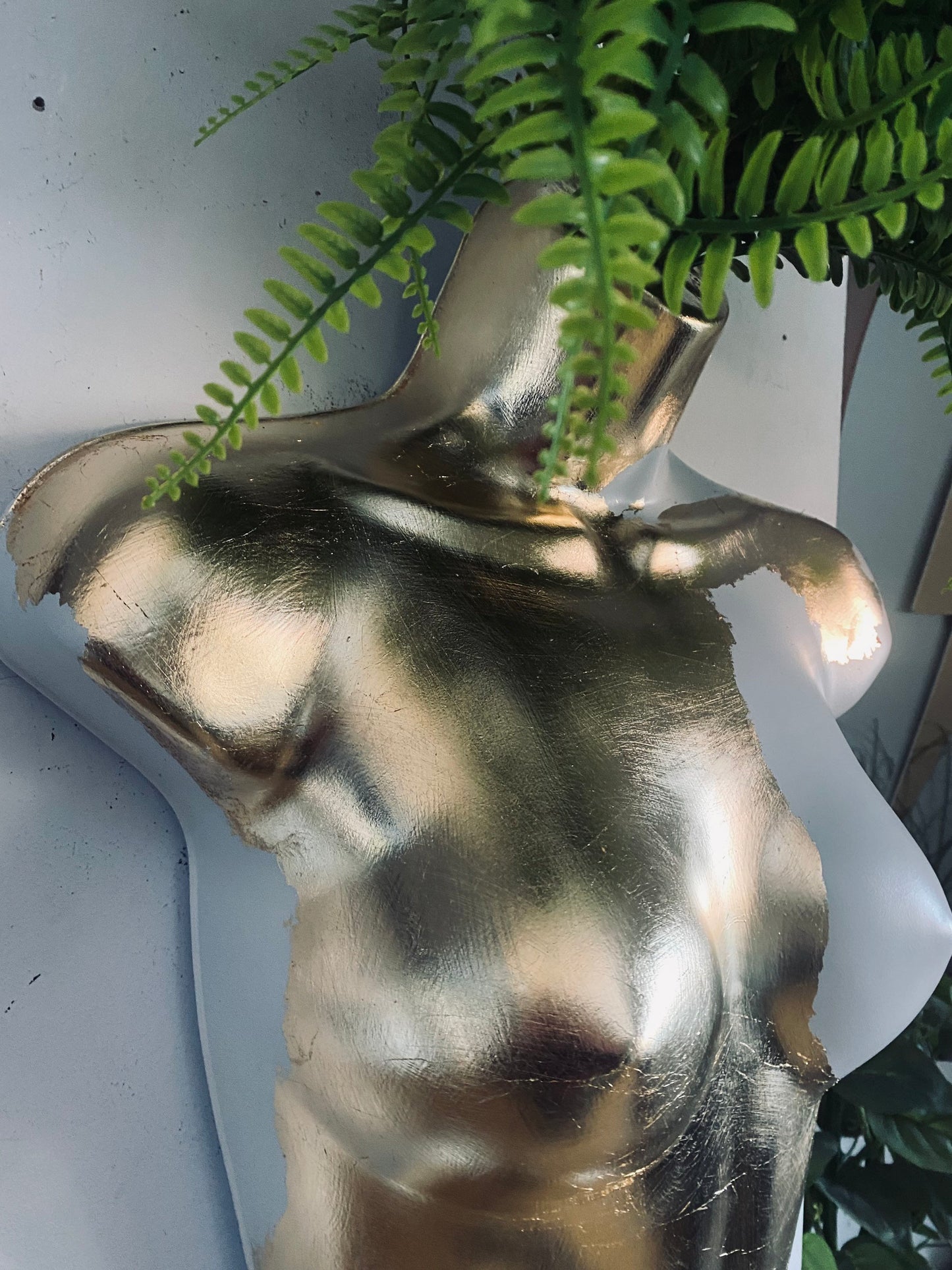 Female Boobie  Wall Torso Boobie Artificial Plant Holder White & Gold Leaf
