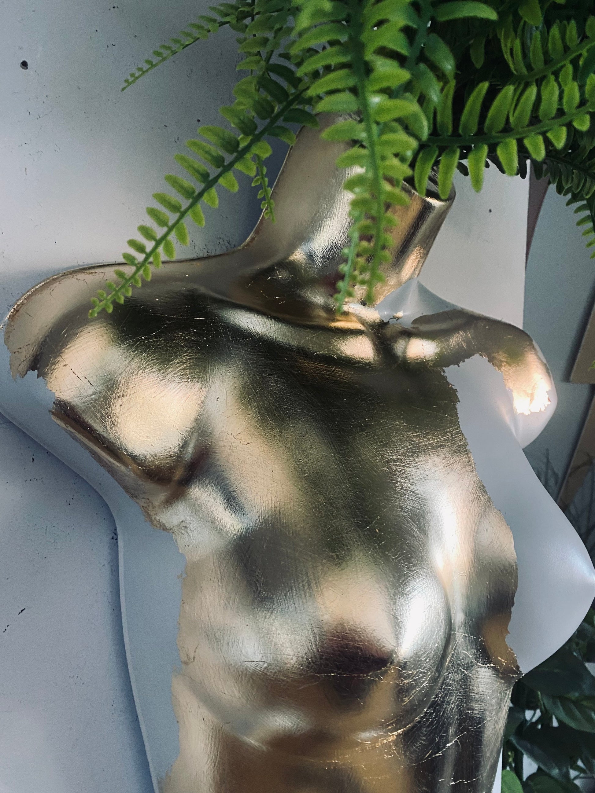 Female Boobie  Wall Torso Boobie Artificial Plant Holder White & Gold Leaf