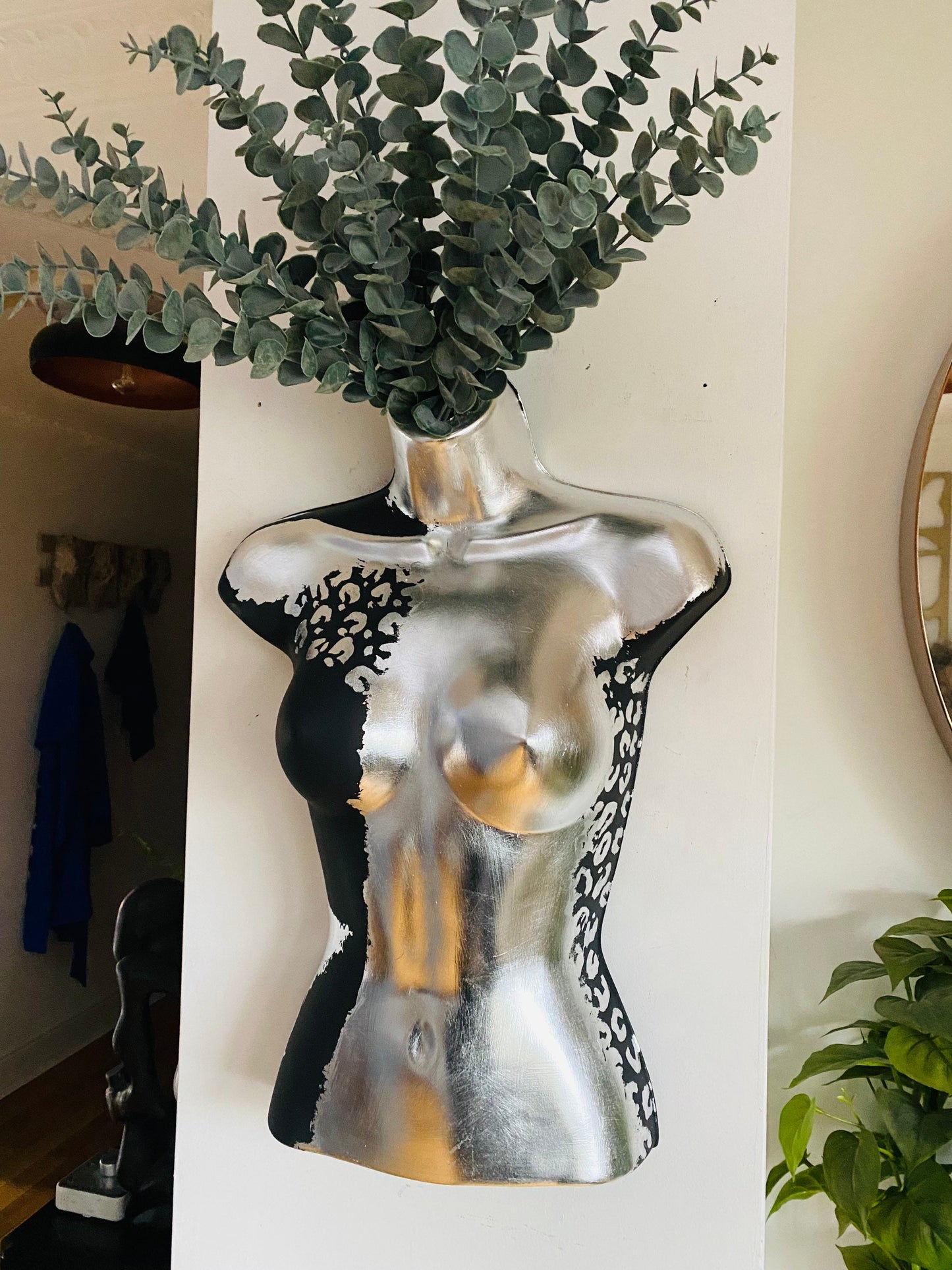Female Boobie  Wall Torso Boobie Artificial Plant Holder Black and Silver Warrior design with Silver Leopard
