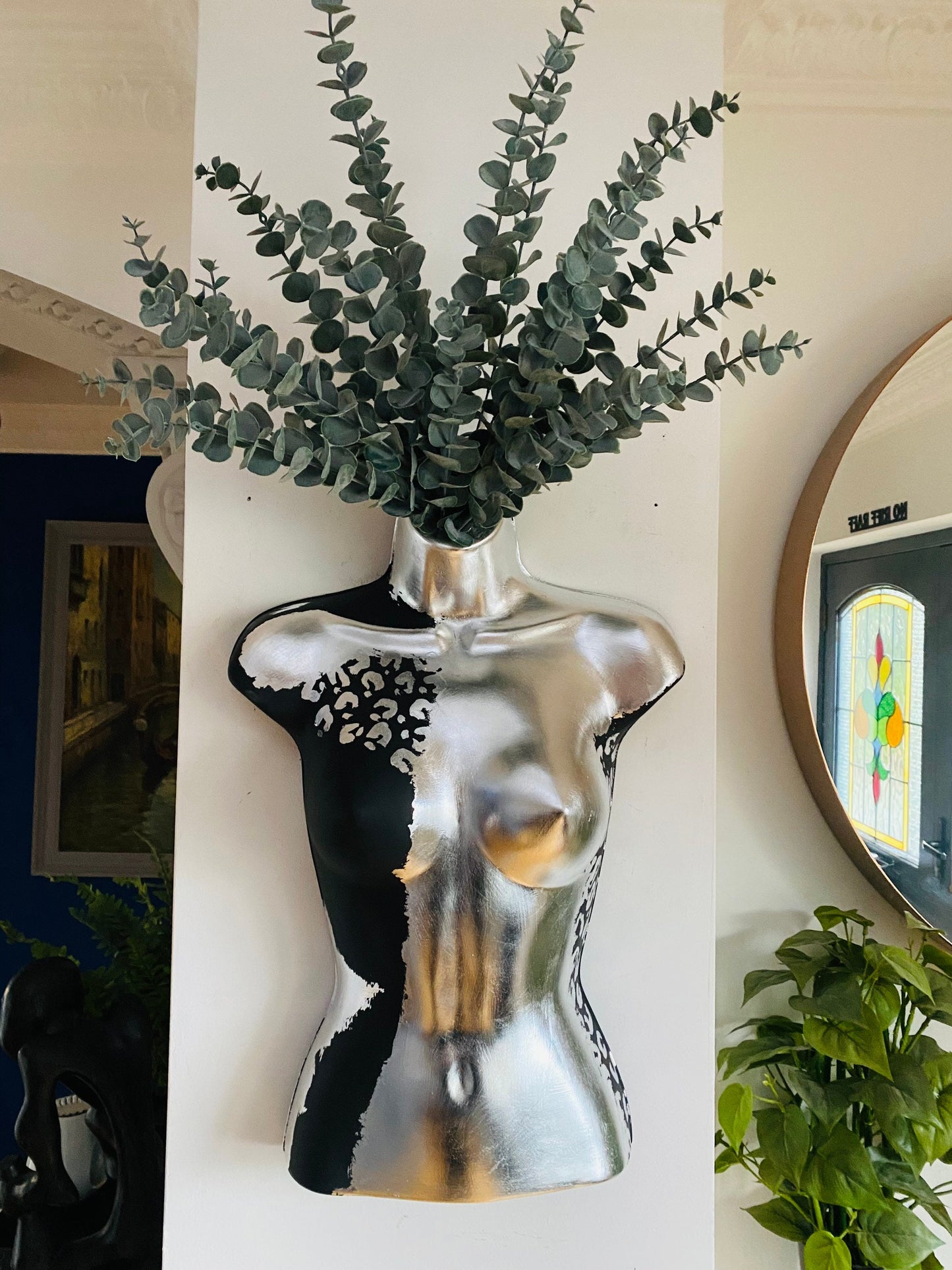 Female Boobie  Wall Torso Boobie Artificial Plant Holder Black and Silver Warrior design with Silver Leopard