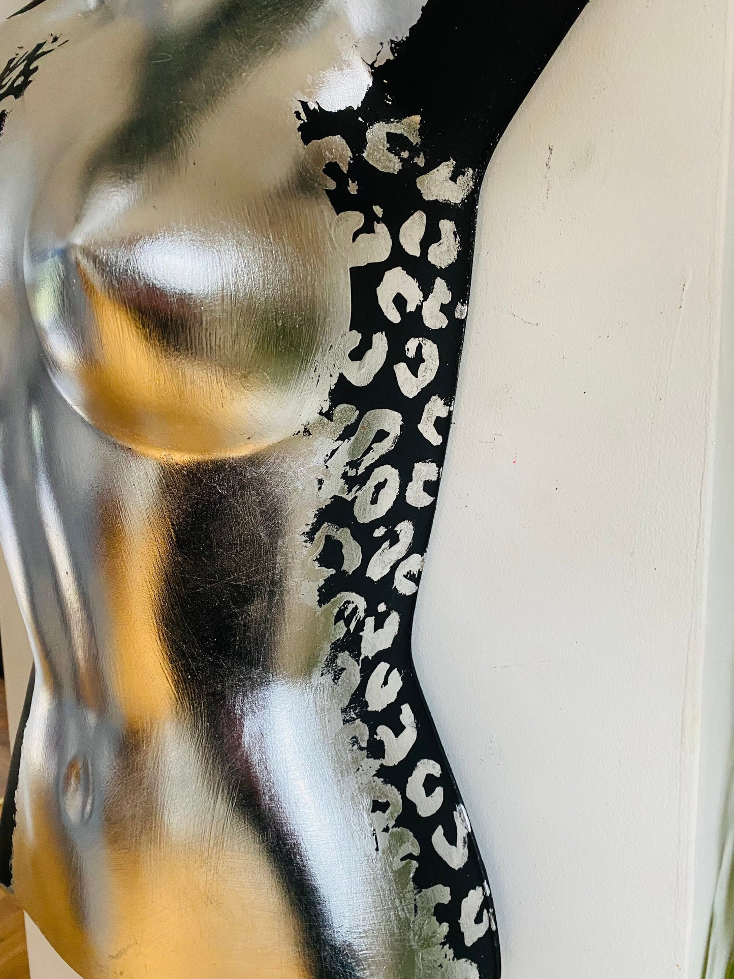 Female Boobie  Wall Torso Boobie Artificial Plant Holder Black and Silver Warrior design with Silver Leopard
