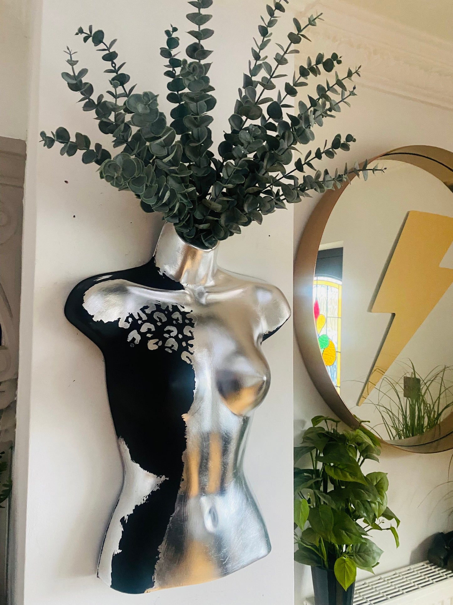 Female Boobie  Wall Torso Boobie Artificial Plant Holder Black and Silver Warrior design with Silver Leopard