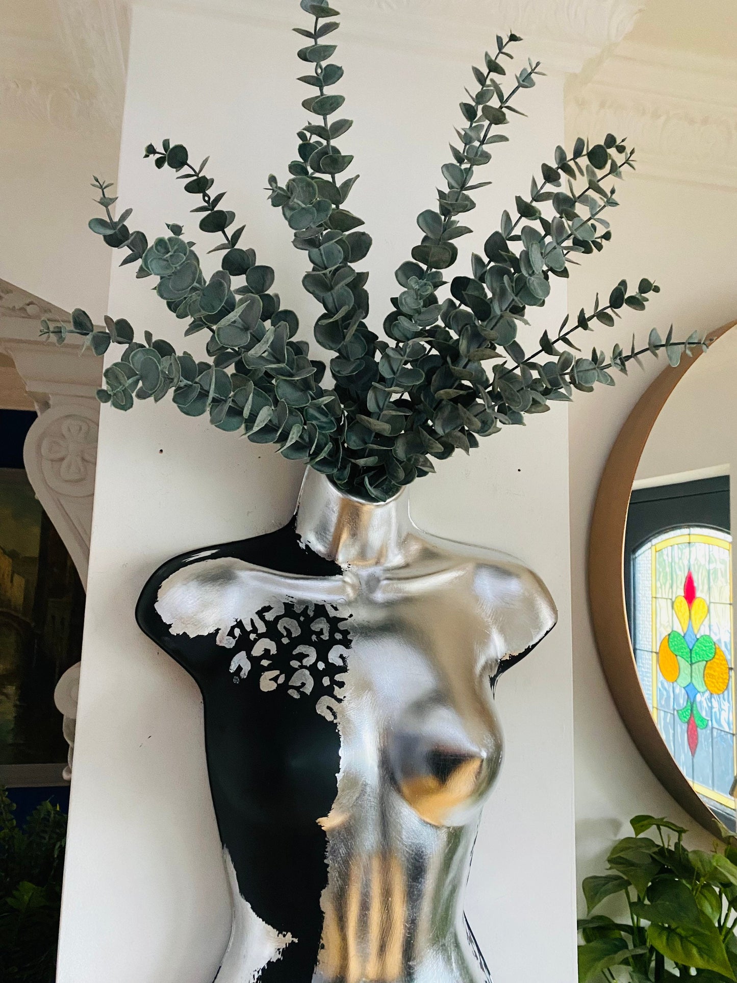 Female Boobie  Wall Torso Boobie Artificial Plant Holder Black and Silver Warrior design with Silver Leopard