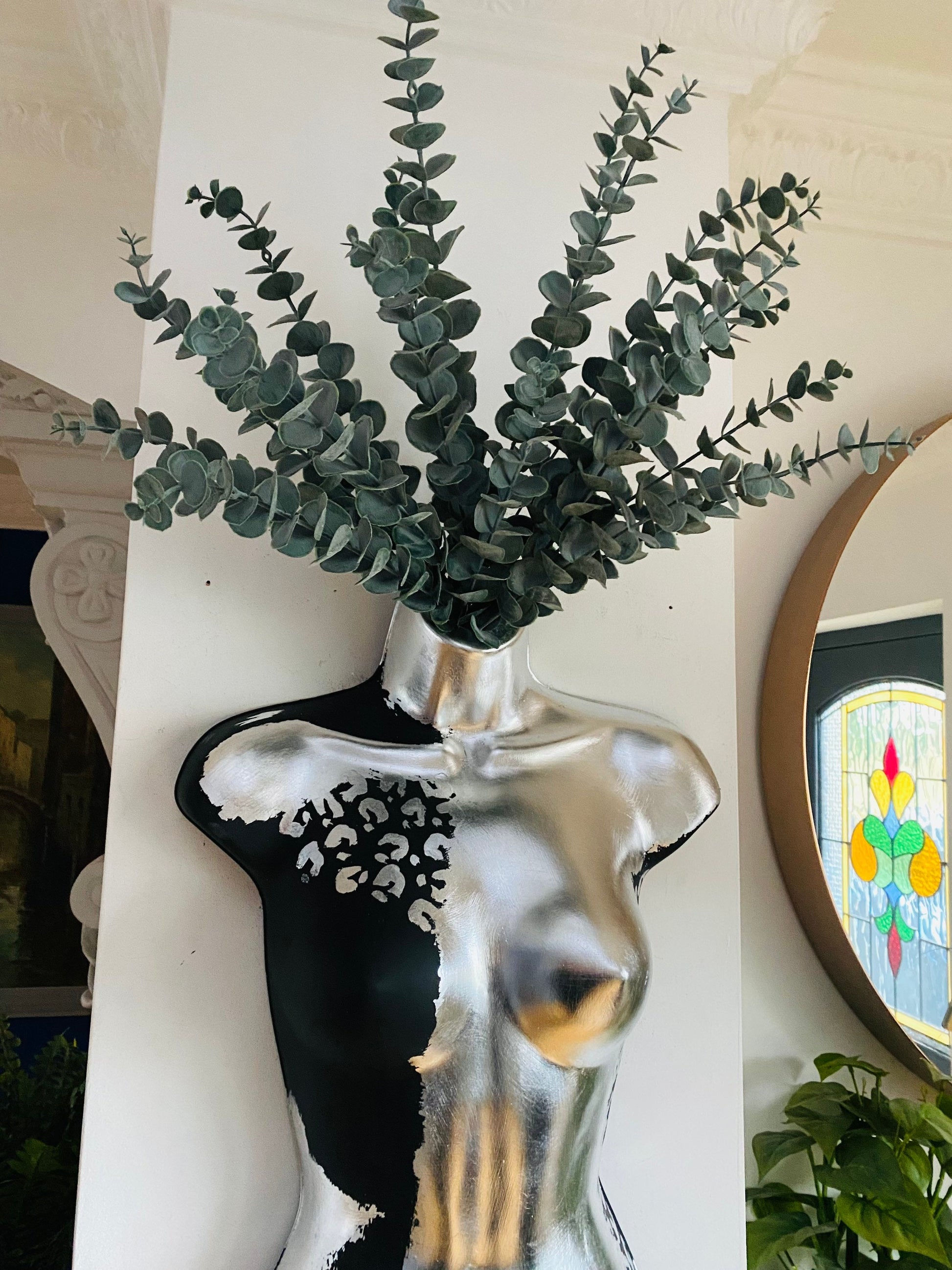 Female Boobie  Wall Torso Boobie Artificial Plant Holder Black and Silver Warrior design with Silver Leopard