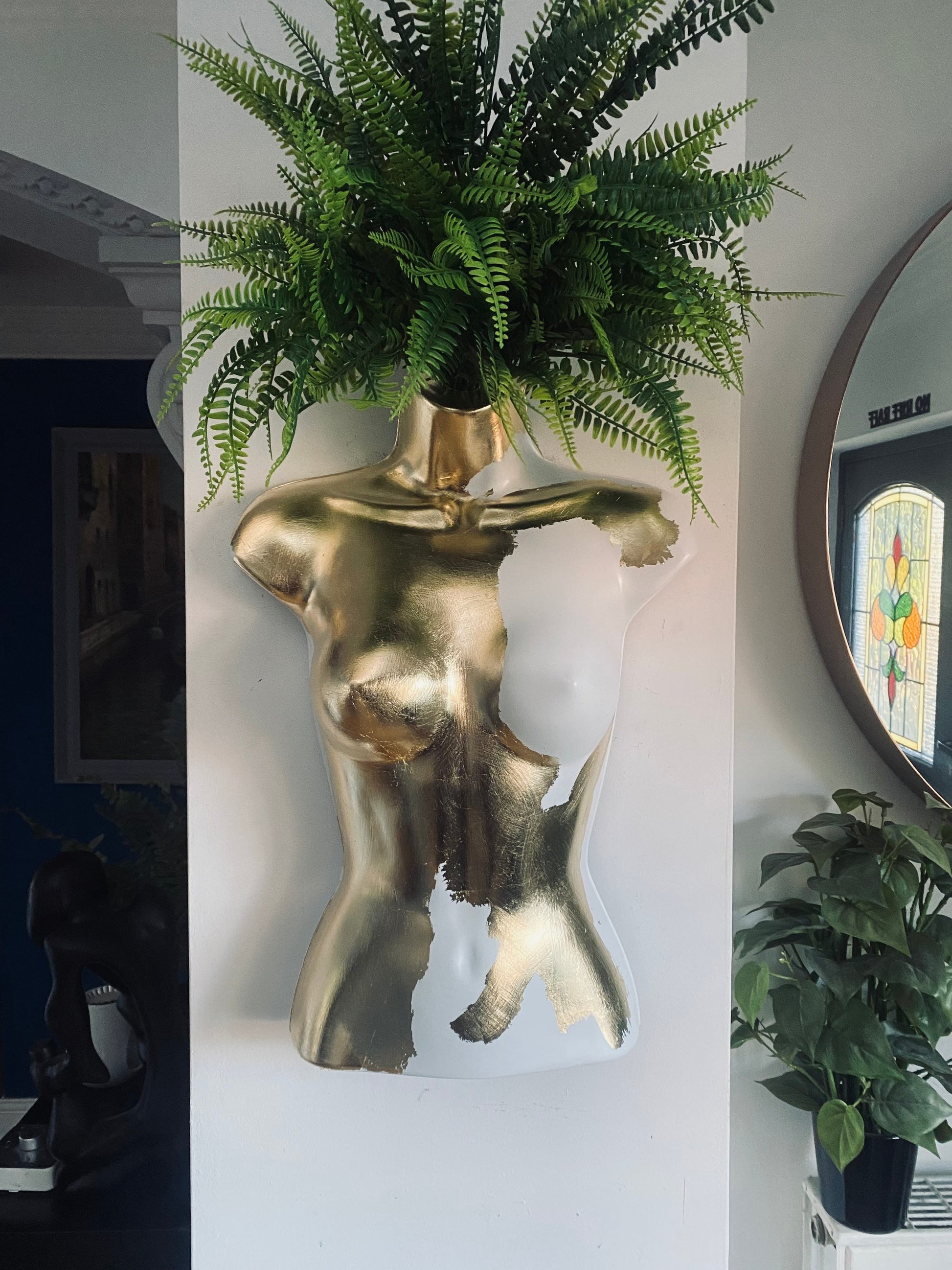 Female Boobie  Wall Torso Boobie Artificial Plant Holder White & Gold Leaf