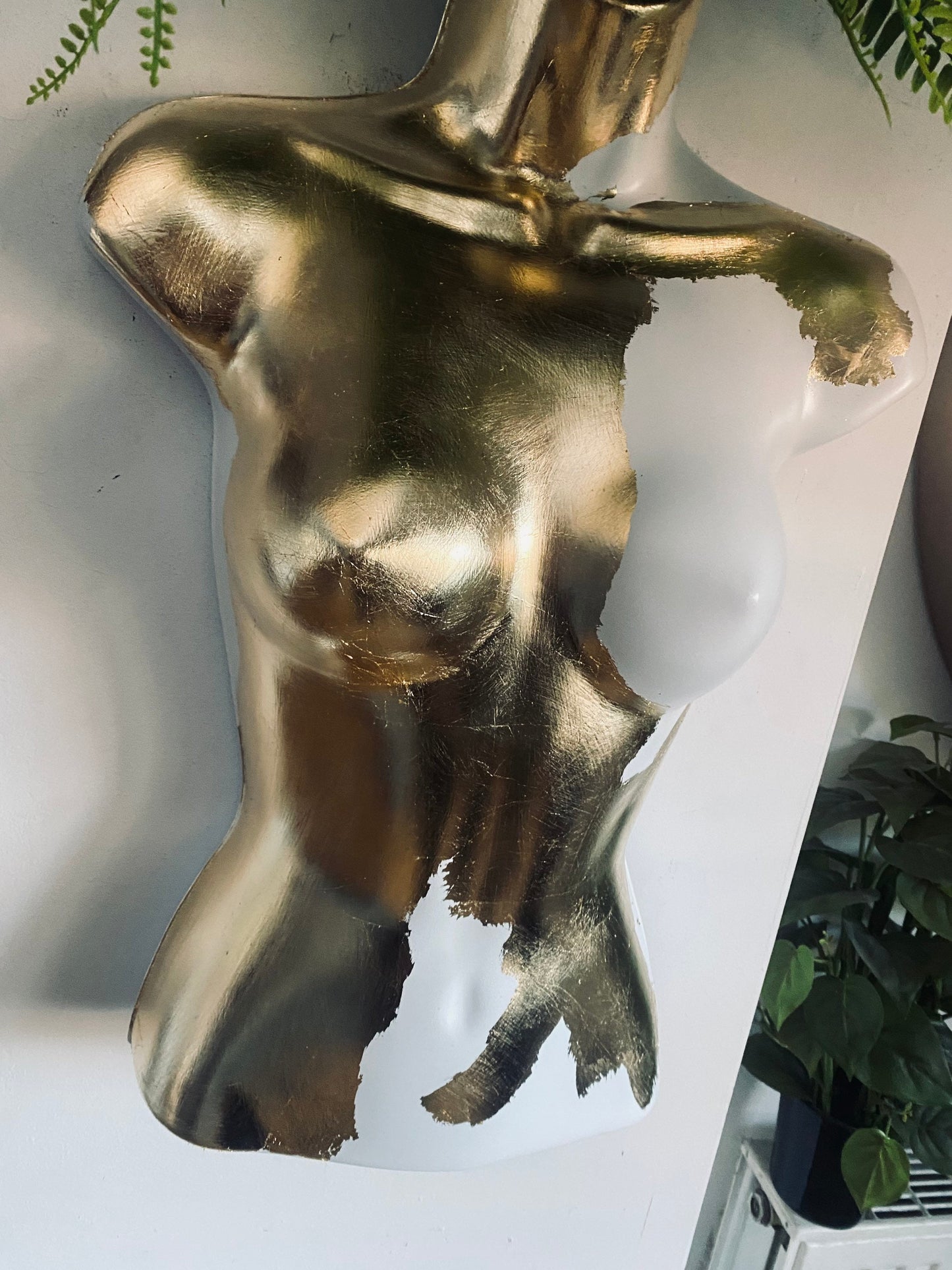 Female Boobie  Wall Torso Boobie Artificial Plant Holder White & Gold Leaf