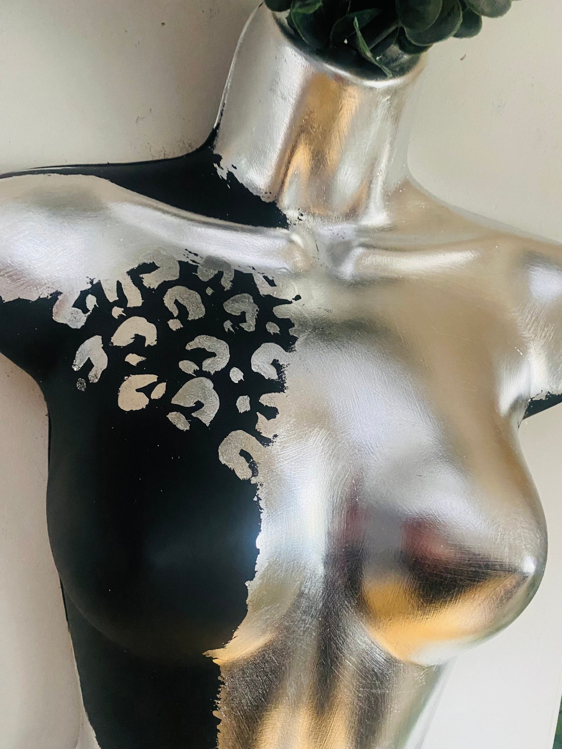 Female Boobie  Wall Torso Boobie Artificial Plant Holder Black and Silver Warrior design with Silver Leopard