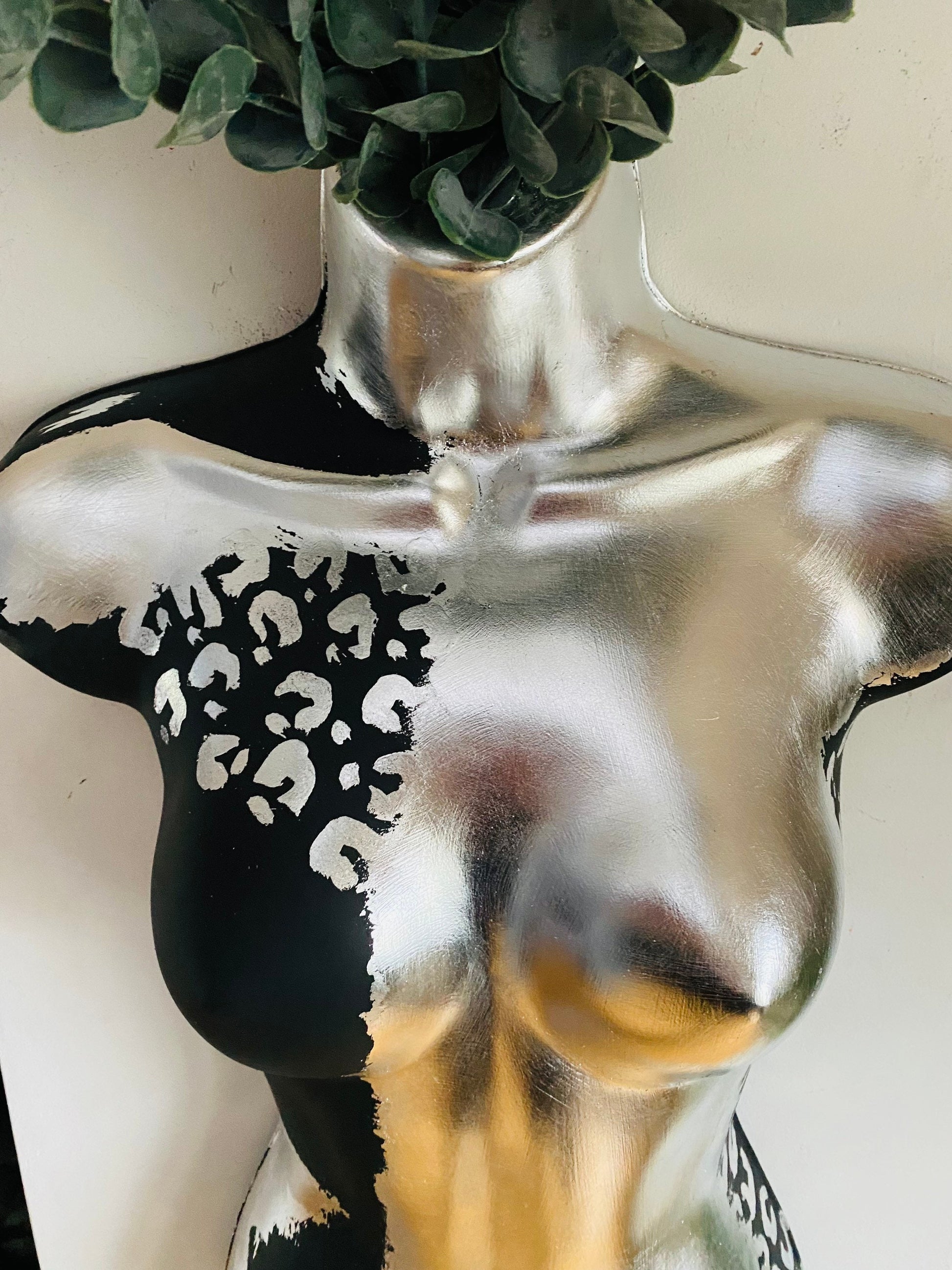 Female Boobie  Wall Torso Boobie Artificial Plant Holder Black and Silver Warrior design with Silver Leopard