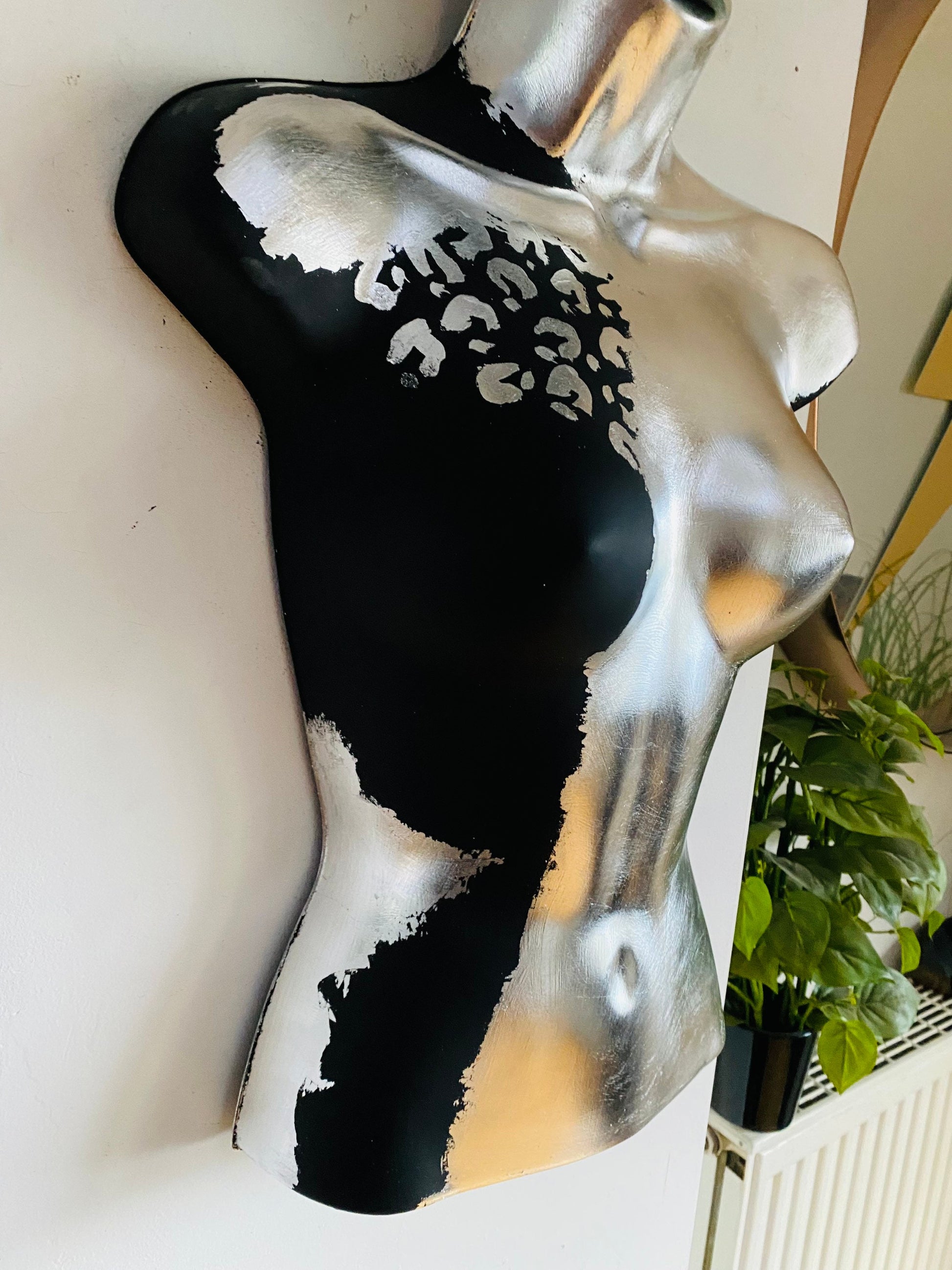 Female Boobie  Wall Torso Boobie Artificial Plant Holder Black and Silver Warrior design with Silver Leopard