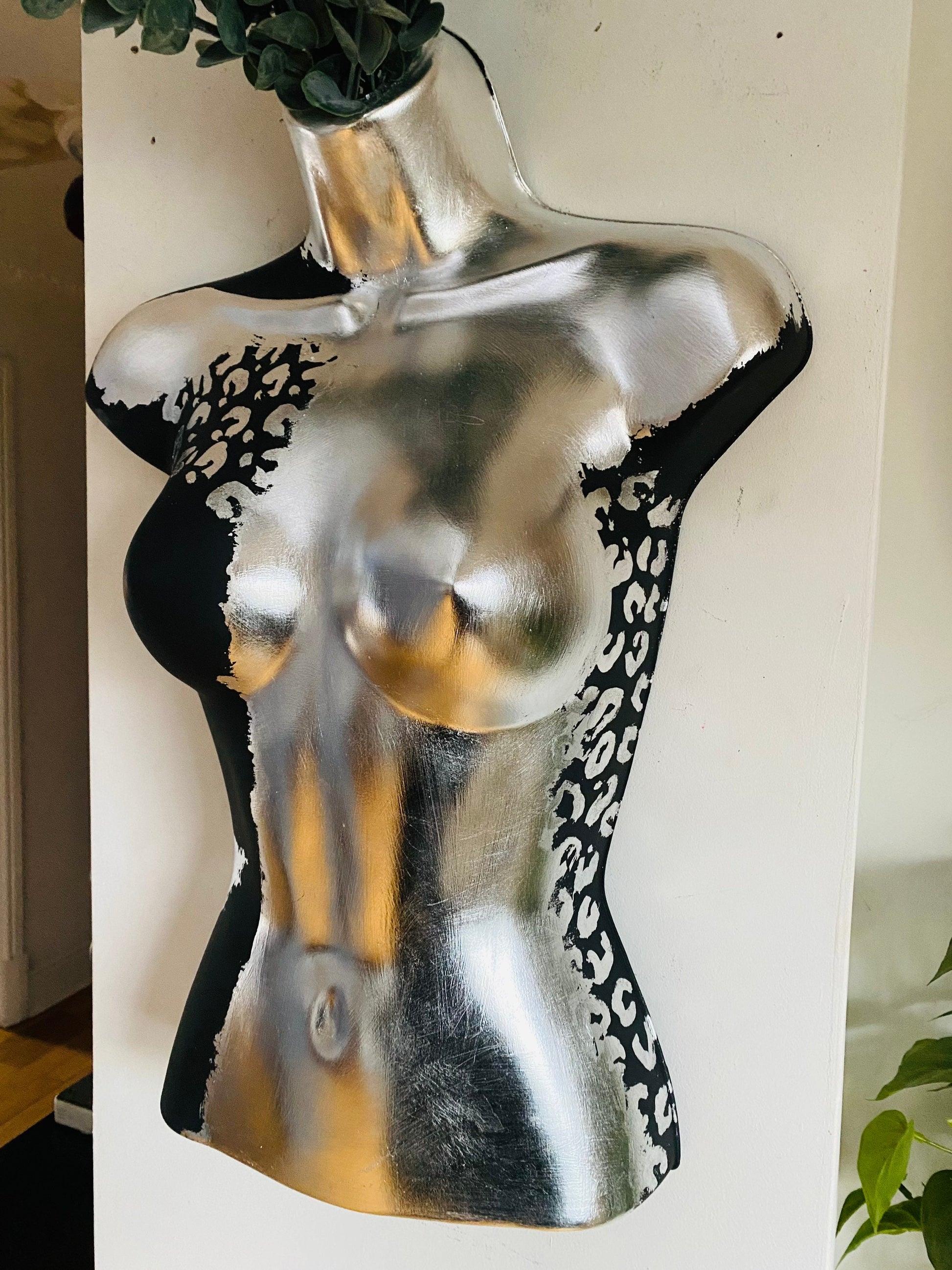 Female Boobie  Wall Torso Boobie Artificial Plant Holder Black and Silver Warrior design with Silver Leopard