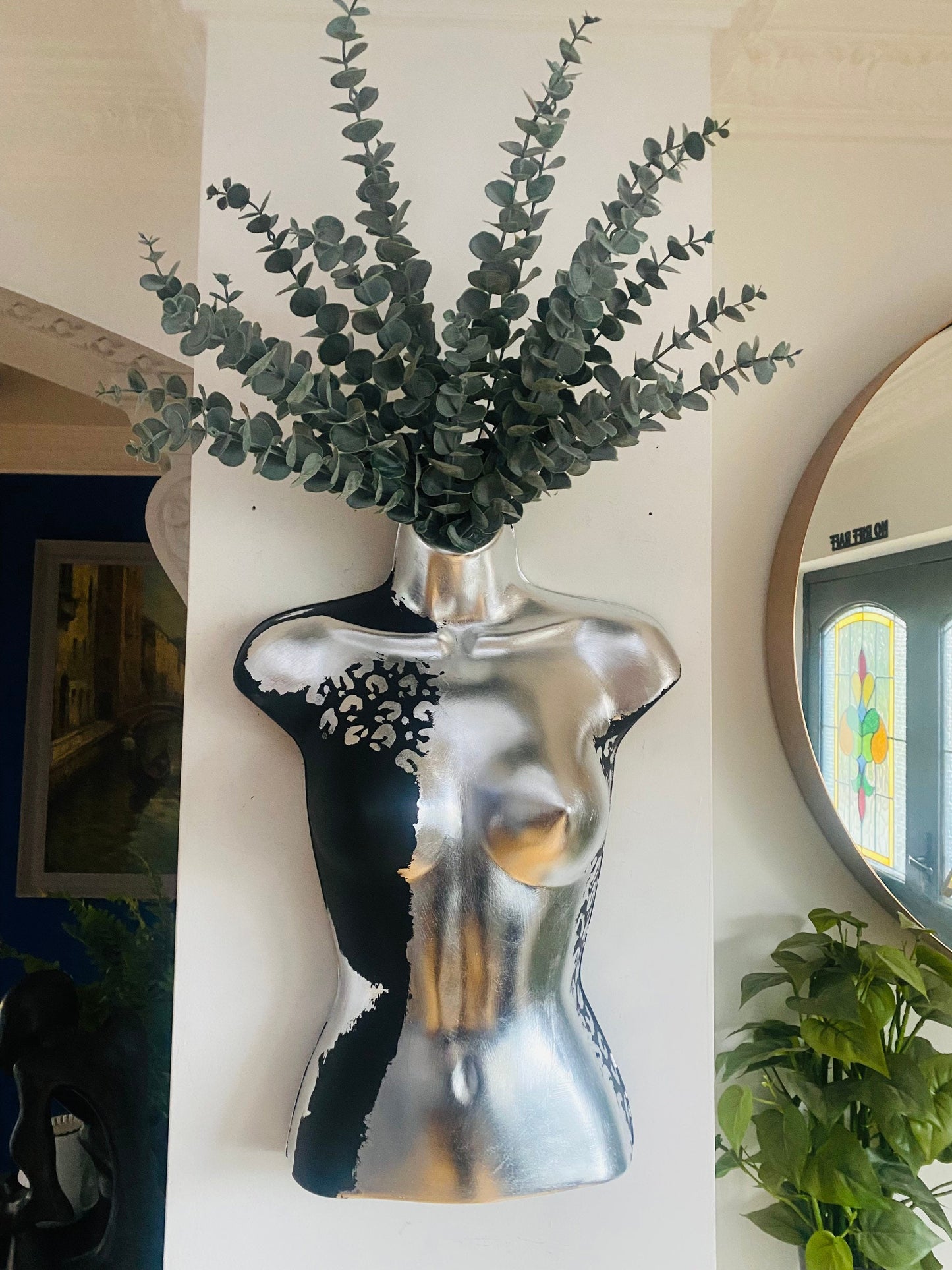 Female Boobie  Wall Torso Boobie Artificial Plant Holder Black and Silver Warrior design with Silver Leopard