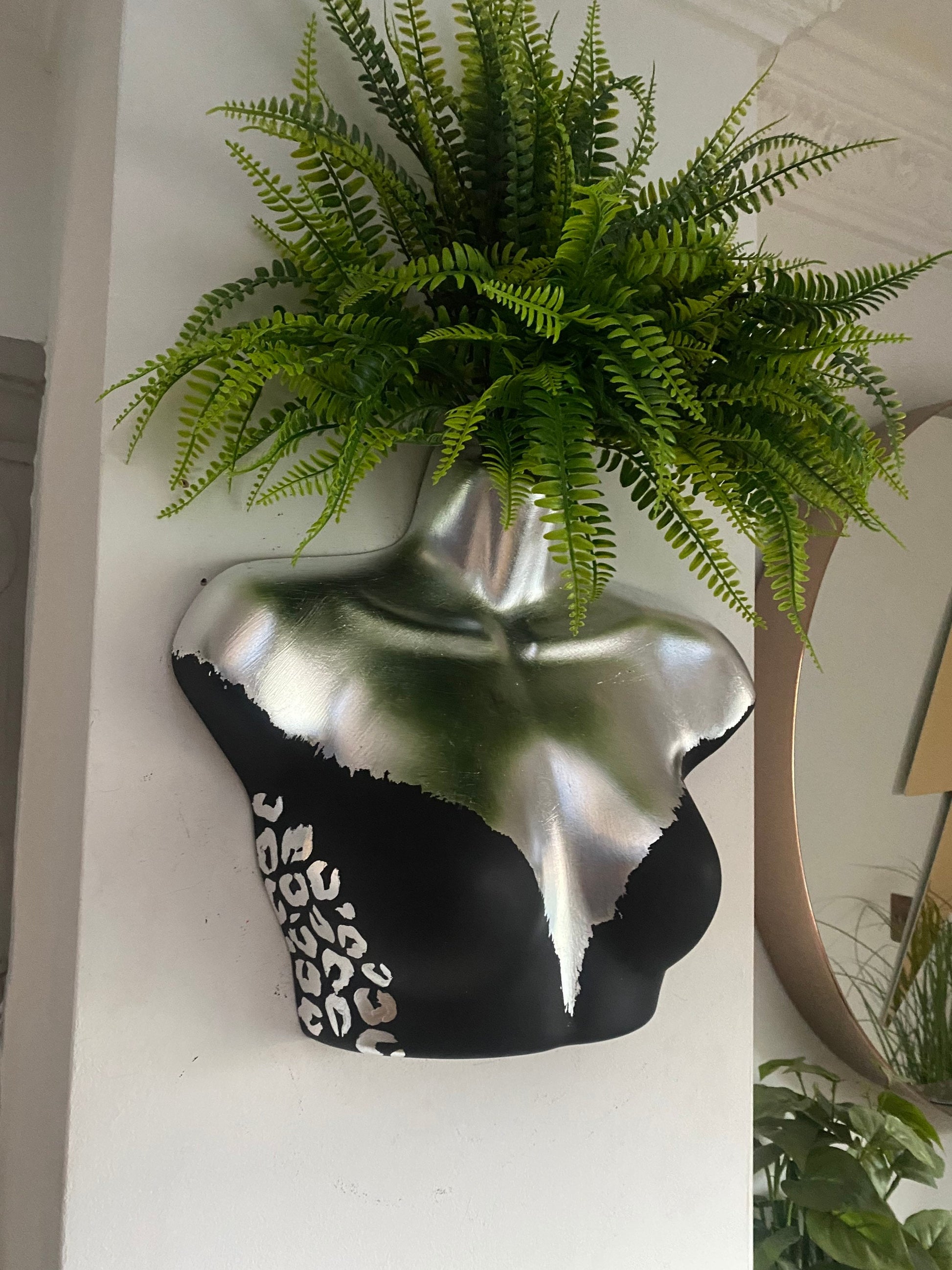 Female Wall Torso Boobie Artificial Plant Holder Black and Silver with silver leopard