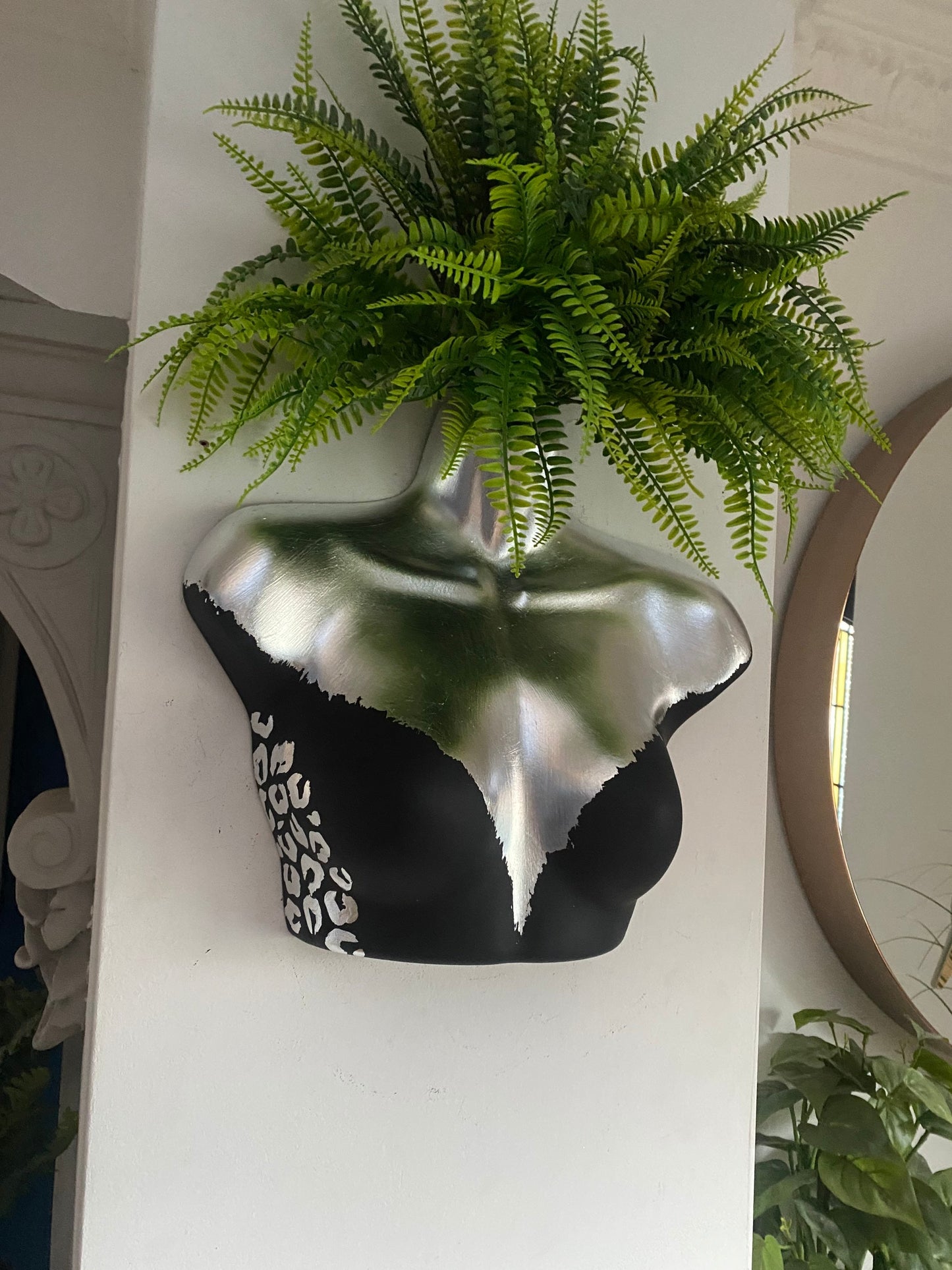 Female Wall Torso Boobie Artificial Plant Holder Black and Silver with silver leopard