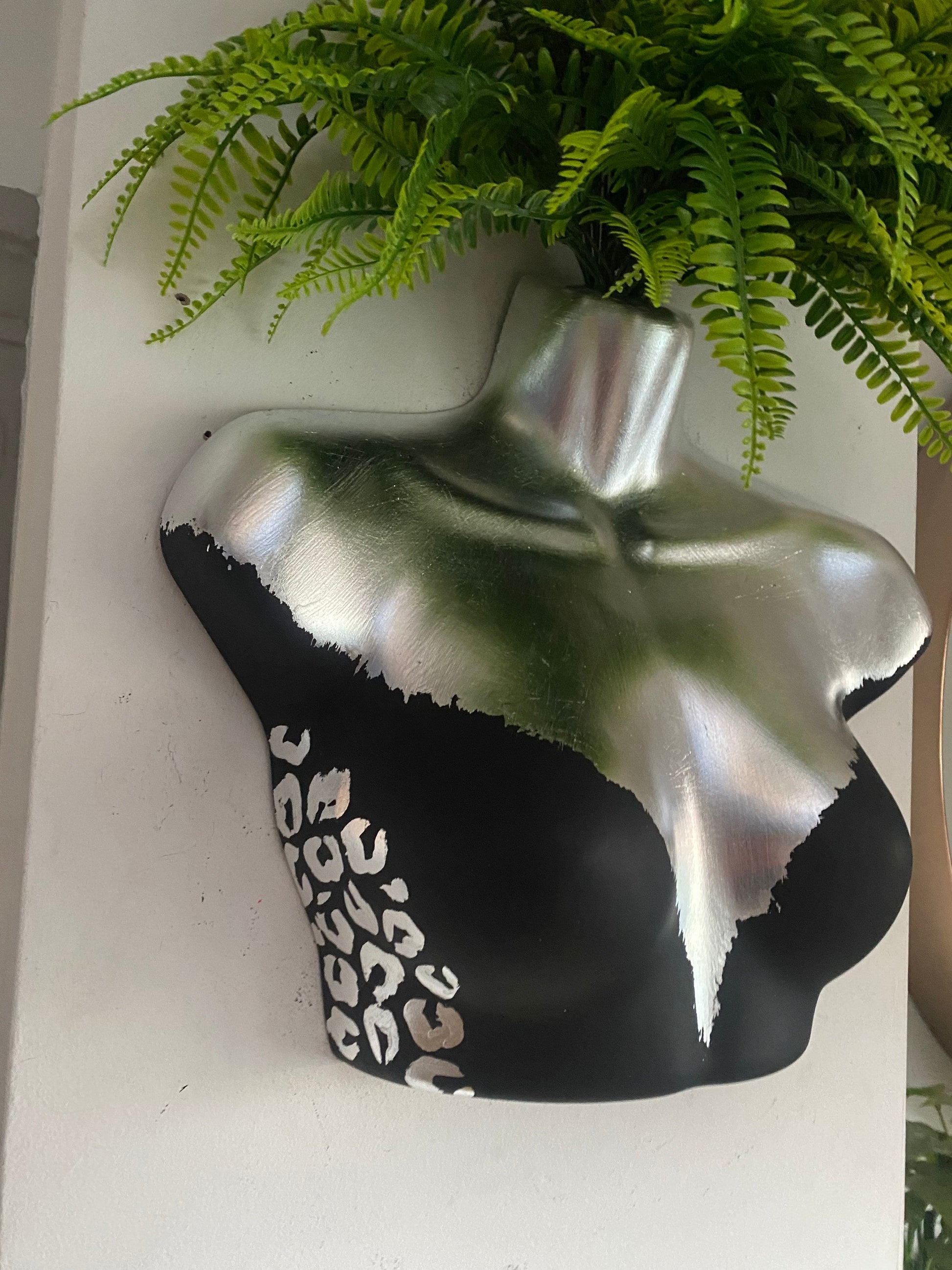 Female Wall Torso Boobie Artificial Plant Holder Black and Silver with silver leopard