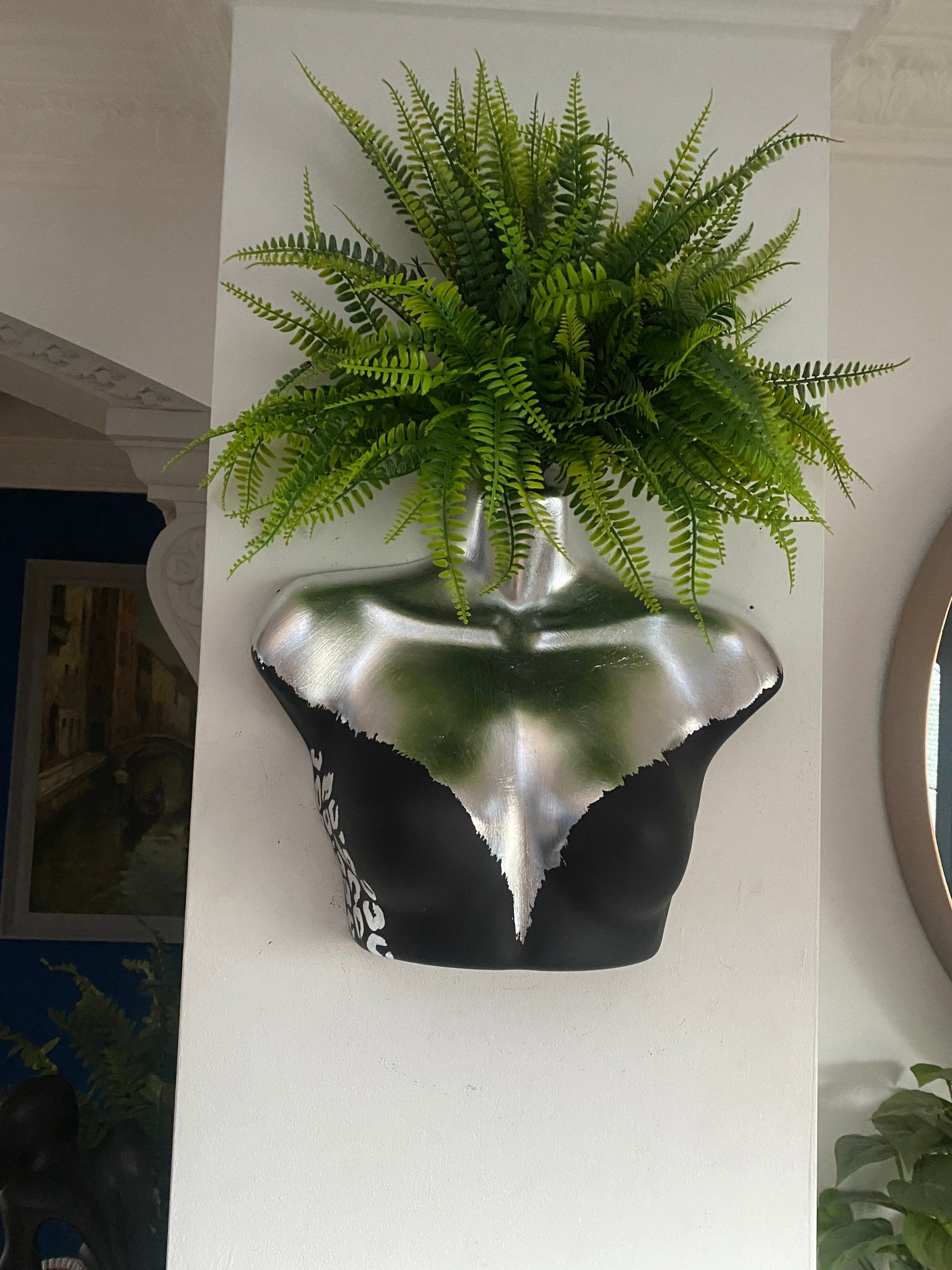 Female Wall Torso Boobie Artificial Plant Holder Black and Silver with silver leopard