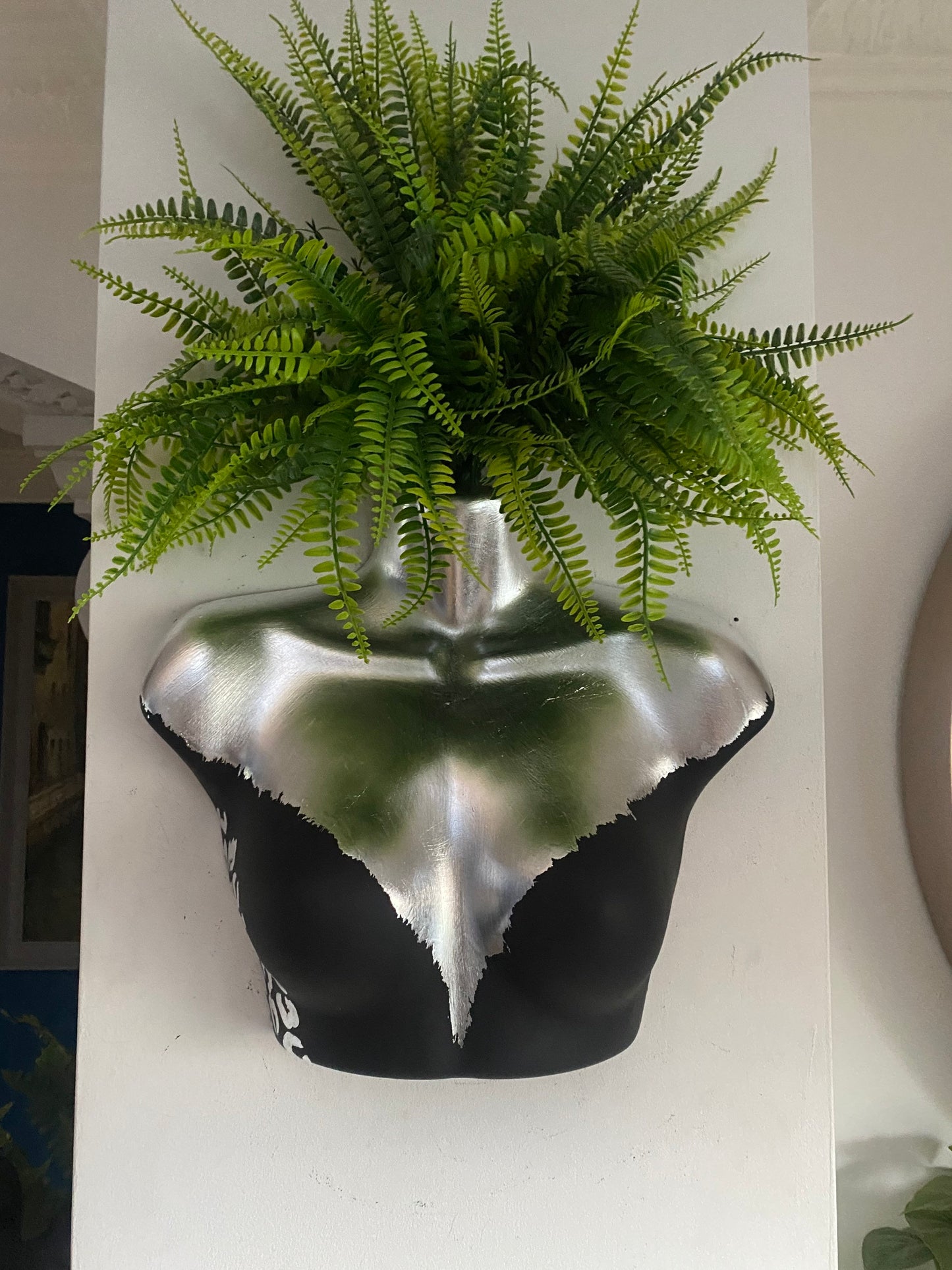 Female Wall Torso Boobie Artificial Plant Holder Black and Silver with silver leopard