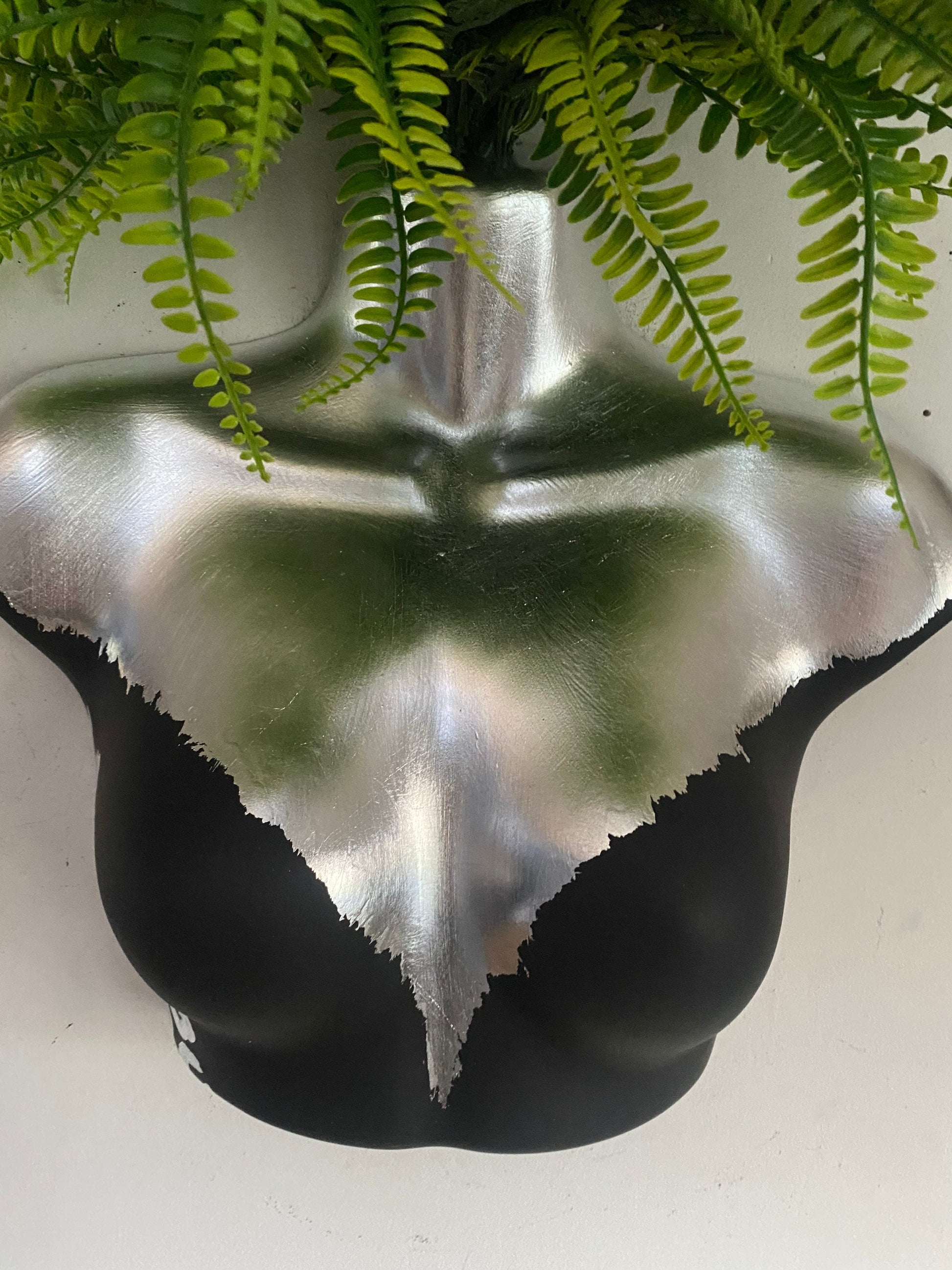 Female Wall Torso Boobie Artificial Plant Holder Black and Silver with silver leopard