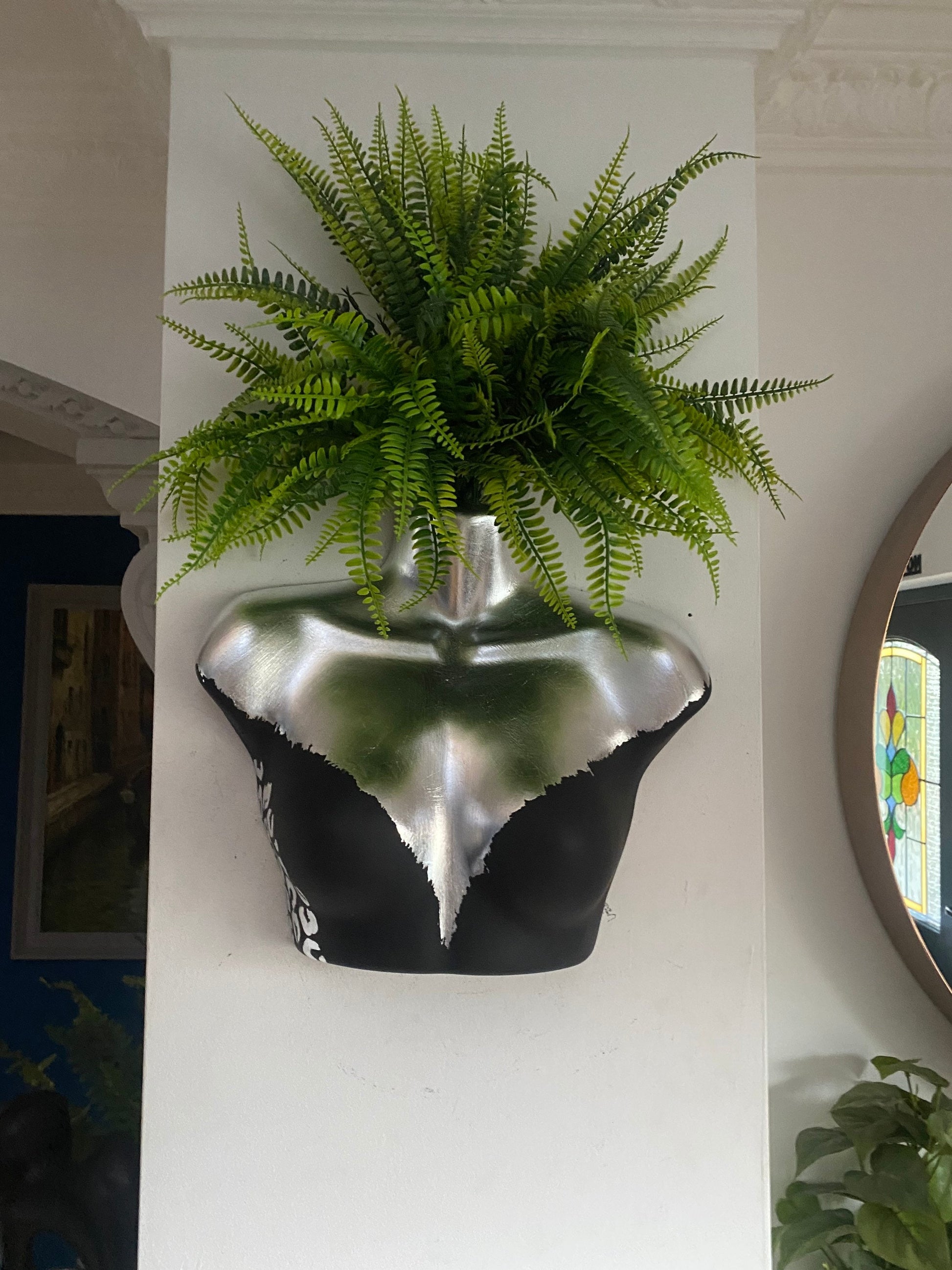 Female Wall Torso Boobie Artificial Plant Holder Black and Silver with silver leopard