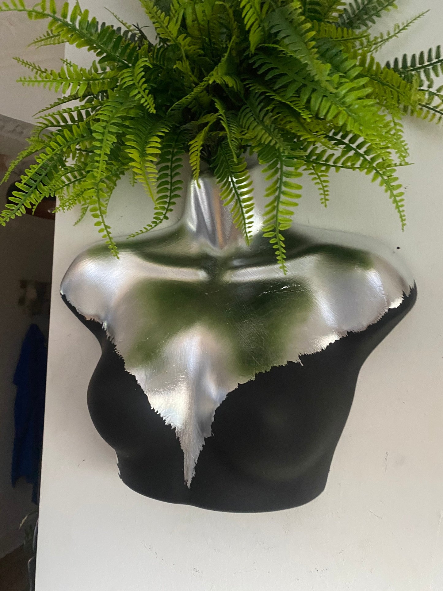 Female Wall Torso Boobie Artificial Plant Holder Black and Silver with silver leopard