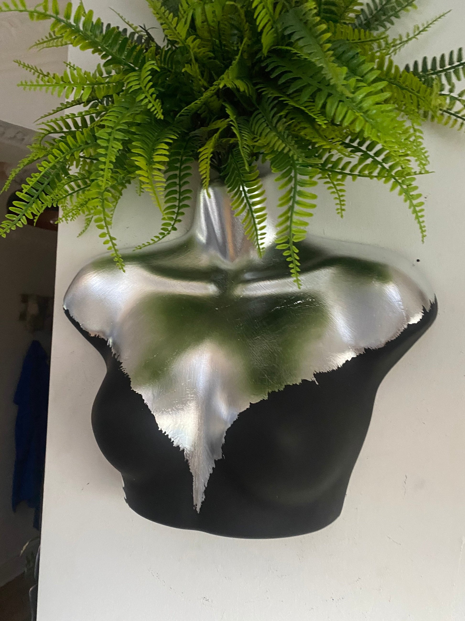Female Wall Torso Boobie Artificial Plant Holder Black and Silver with silver leopard