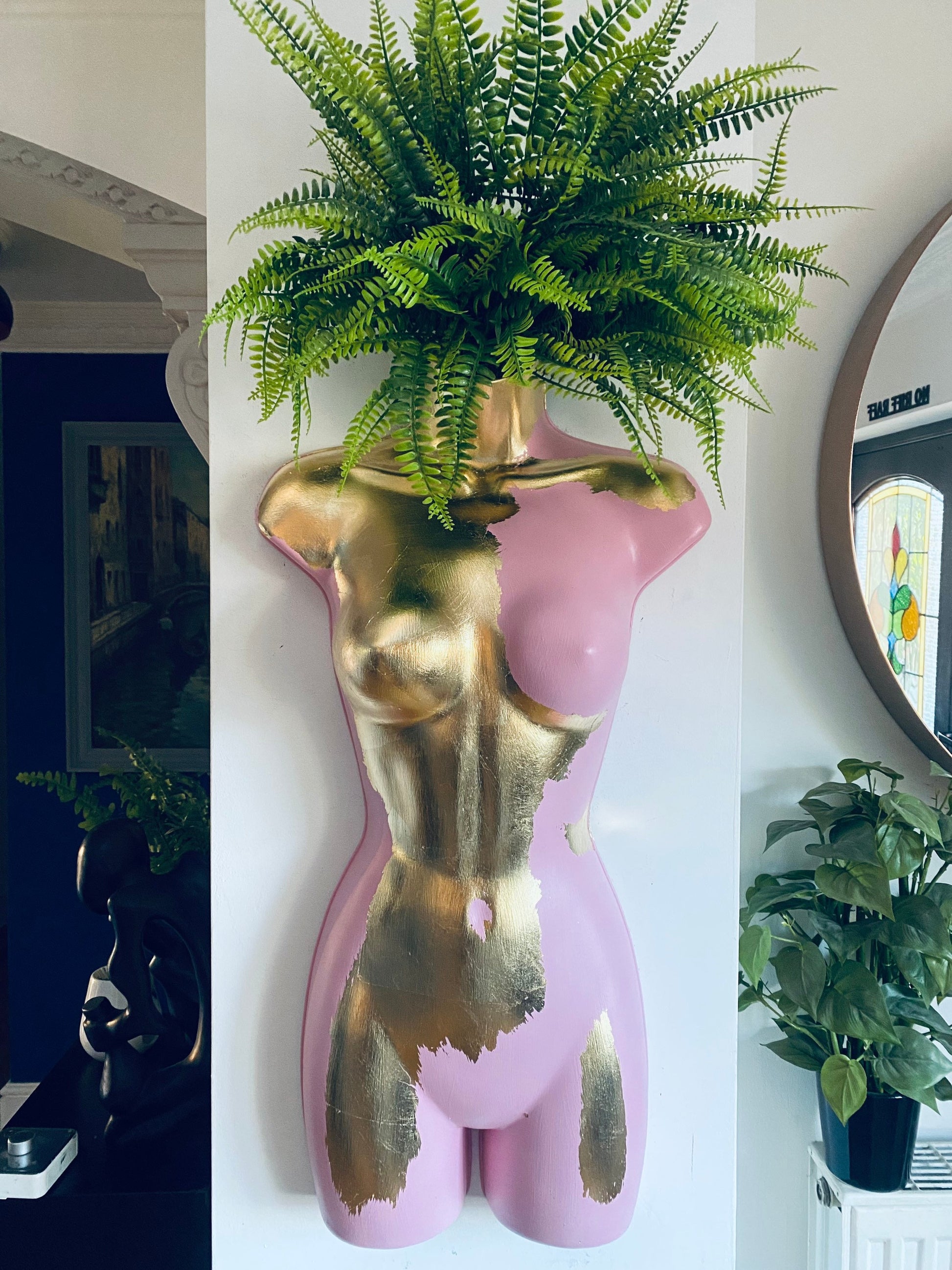 Female Wall Torso Boobie Artificial Plant Holder Warrior design with pink and gold leaf