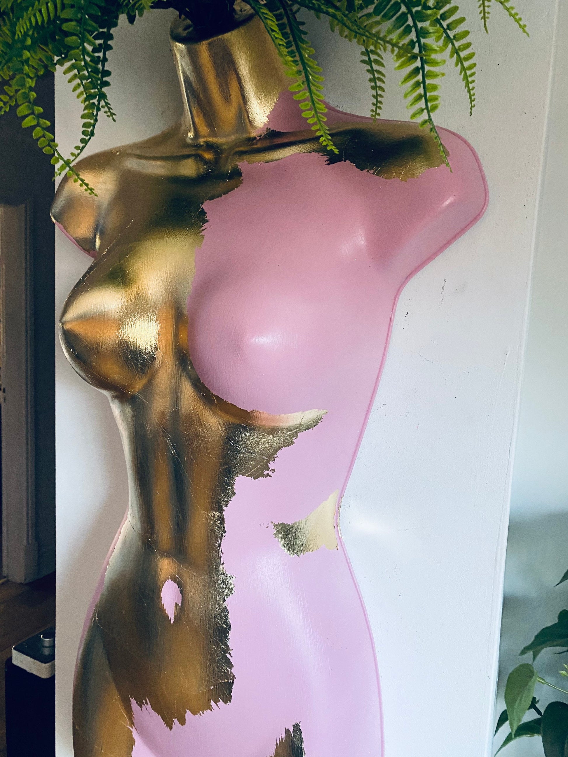 Female Wall Torso Boobie Artificial Plant Holder Warrior design with pink and gold leaf