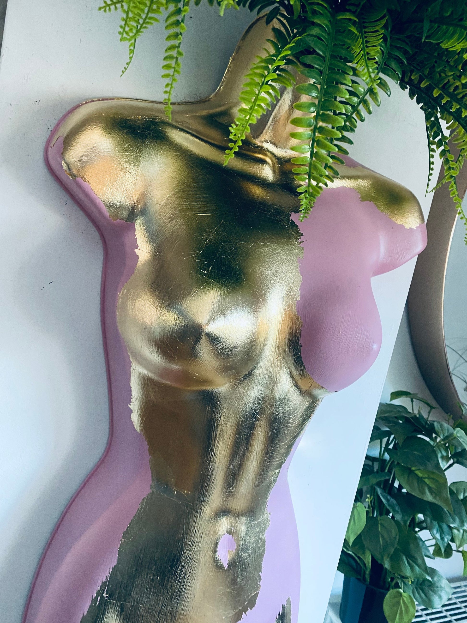 Female Wall Torso Boobie Artificial Plant Holder Warrior design with pink and gold leaf