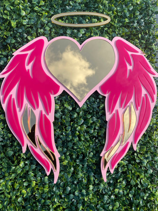 WINGS with HEART Decor - Acrylic Mirror - Angel Decor - acrylic Wall art - Pink & Gold