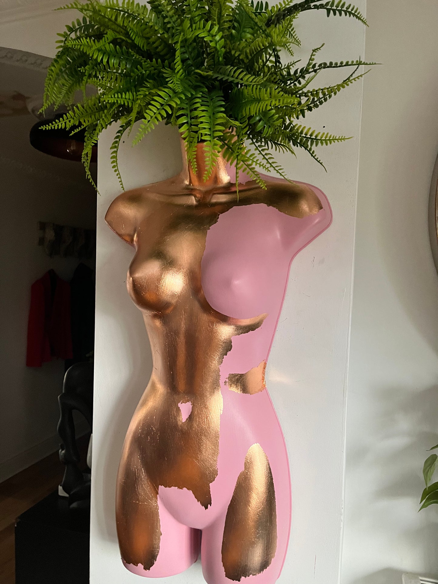 Female Wall Torso Boobie Artificial Plant Holder Warrior design with pink and rose gold leaf